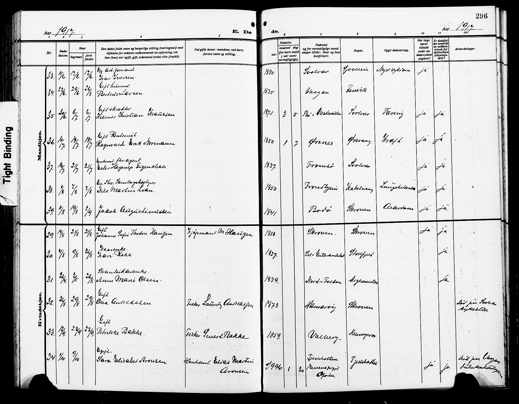 Ministerialprotokoller, klokkerbøker og fødselsregistre - Nordland, AV/SAT-A-1459/874/L1080: Parish register (copy) no. 874C09, 1915-1925, p. 296