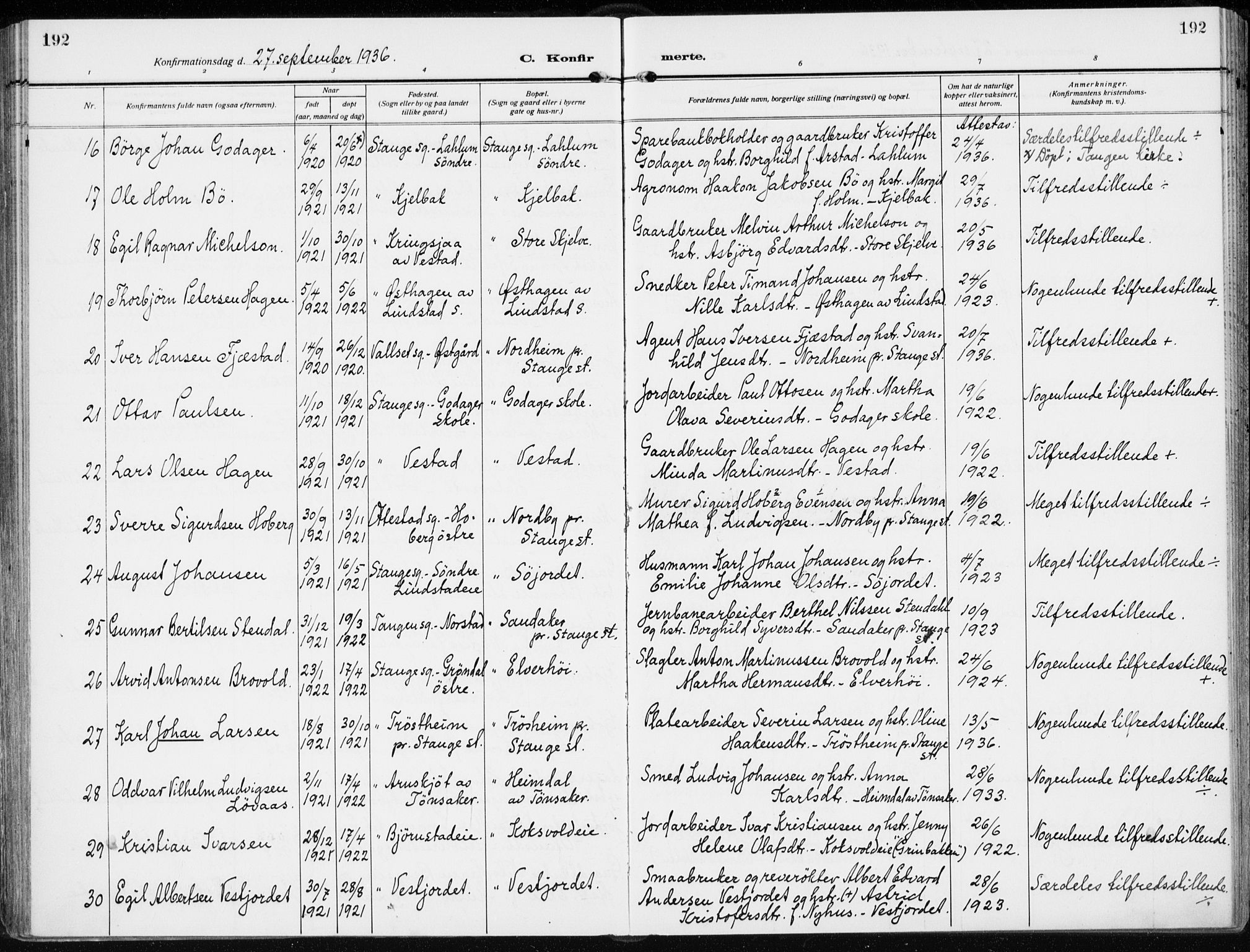 Stange prestekontor, AV/SAH-PREST-002/K/L0026: Parish register (official) no. 26, 1923-1937, p. 192
