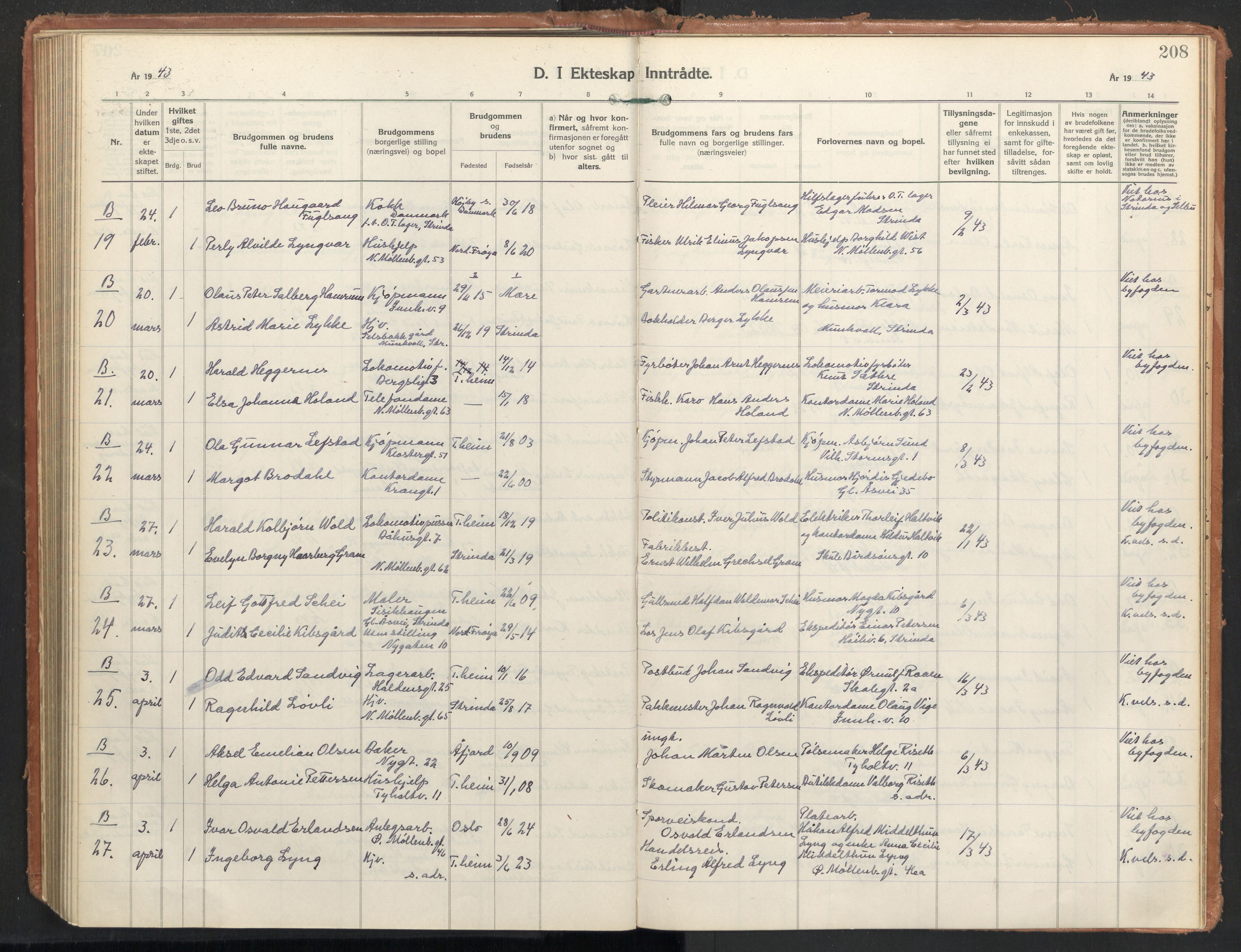 Ministerialprotokoller, klokkerbøker og fødselsregistre - Sør-Trøndelag, AV/SAT-A-1456/604/L0209: Parish register (official) no. 604A29, 1931-1945, p. 208