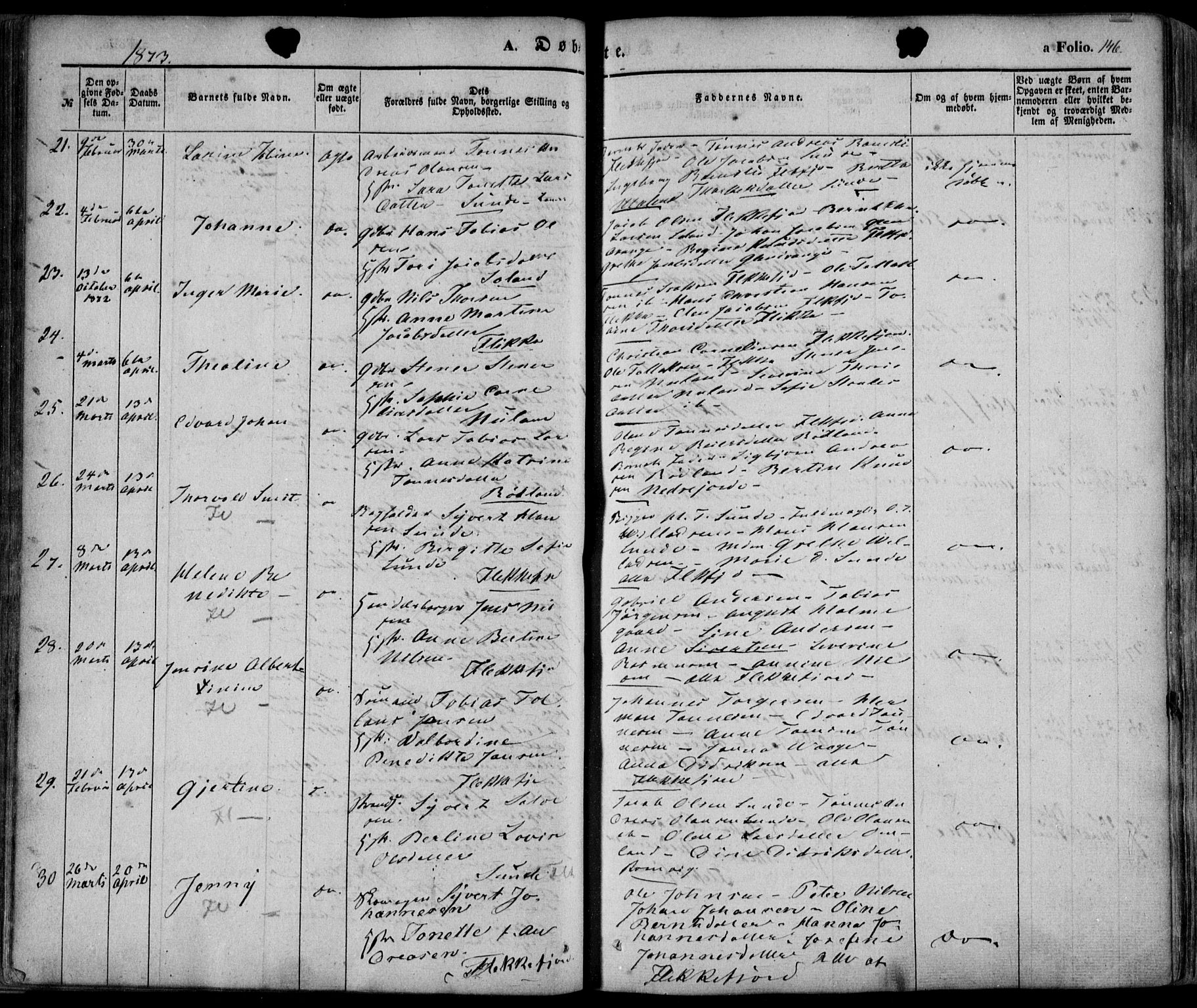 Flekkefjord sokneprestkontor, AV/SAK-1111-0012/F/Fa/Fac/L0005: Parish register (official) no. A 5, 1849-1875, p. 146