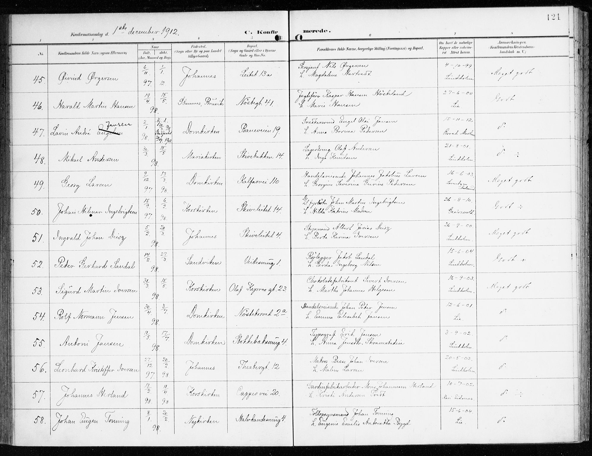 Domkirken sokneprestembete, AV/SAB-A-74801/H/Haa/L0031: Parish register (official) no. C 6, 1898-1915, p. 121