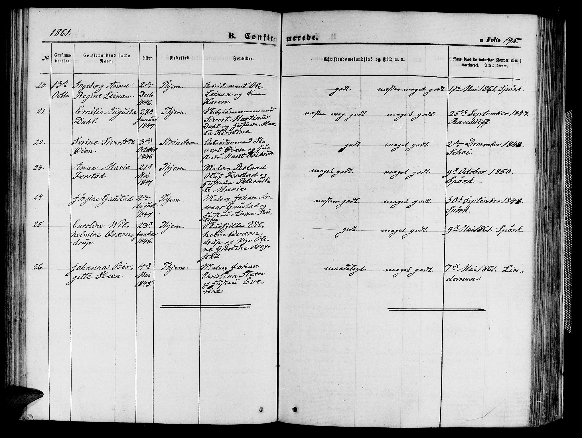 Ministerialprotokoller, klokkerbøker og fødselsregistre - Sør-Trøndelag, SAT/A-1456/602/L0139: Parish register (copy) no. 602C07, 1859-1864, p. 195