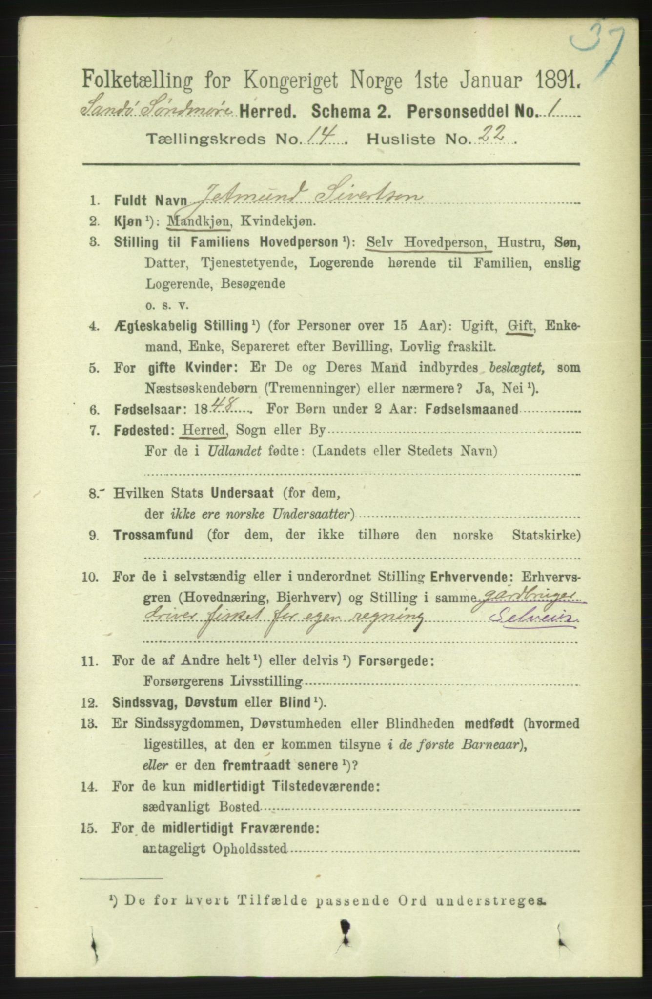 RA, 1891 census for 1514 Sande, 1891, p. 2961