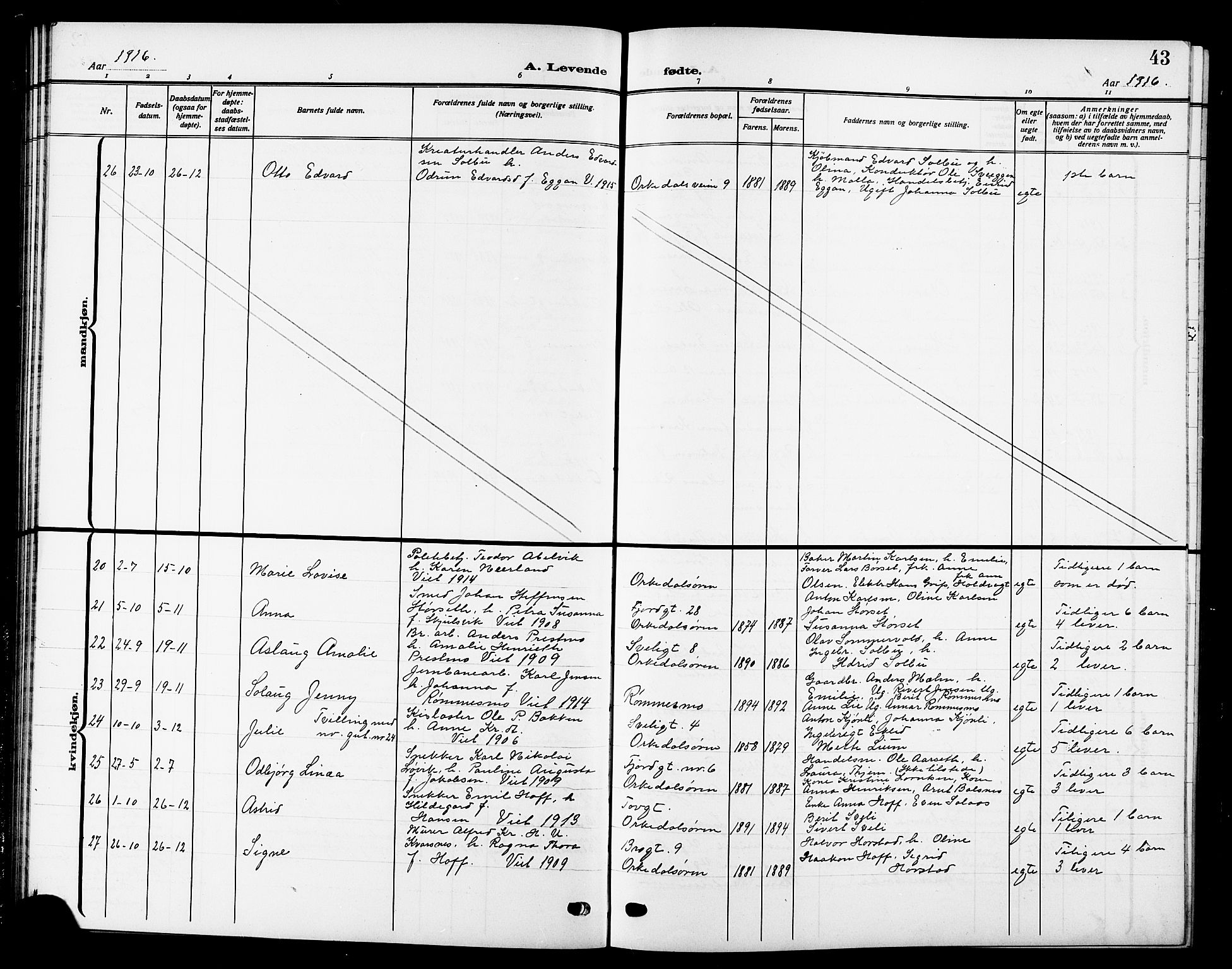 Ministerialprotokoller, klokkerbøker og fødselsregistre - Sør-Trøndelag, SAT/A-1456/669/L0831: Parish register (copy) no. 669C01, 1909-1924, p. 43