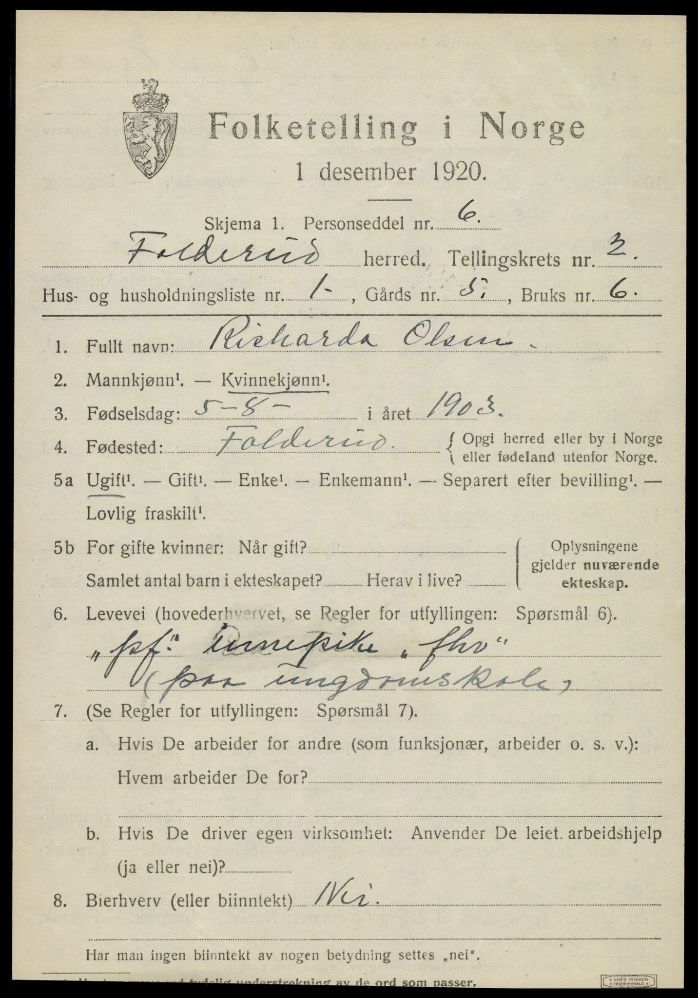 SAT, 1920 census for Foldereid, 1920, p. 698