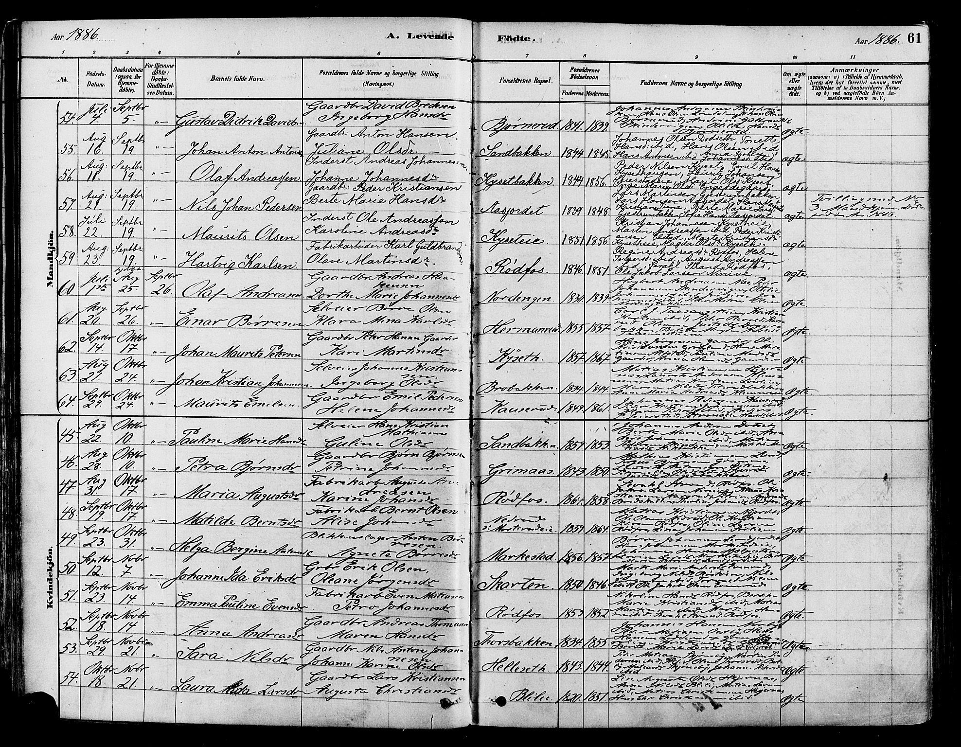 Vestre Toten prestekontor, SAH/PREST-108/H/Ha/Haa/L0009: Parish register (official) no. 9, 1878-1894, p. 61