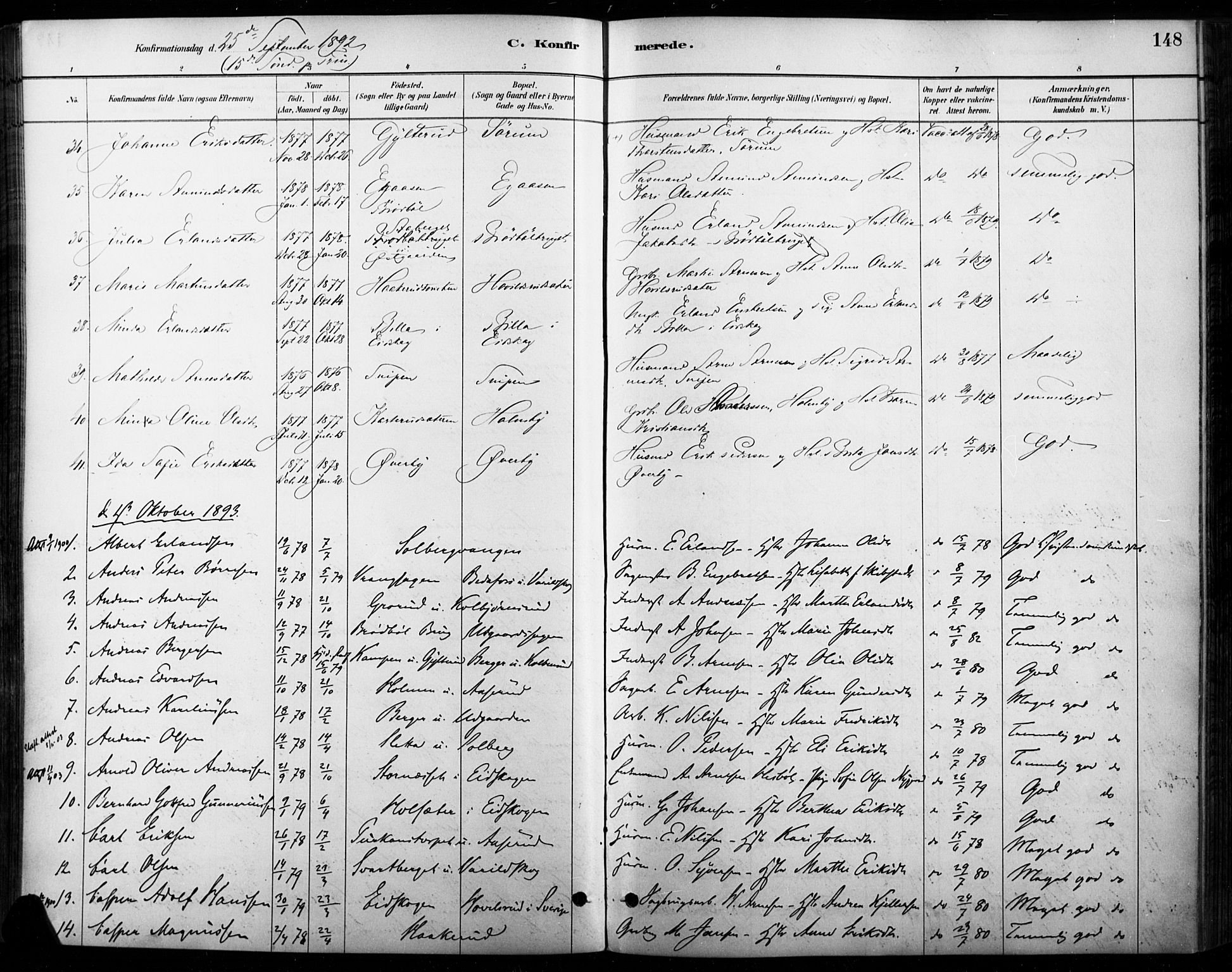 Vinger prestekontor, AV/SAH-PREST-024/H/Ha/Haa/L0015: Parish register (official) no. 15, 1881-1900, p. 148