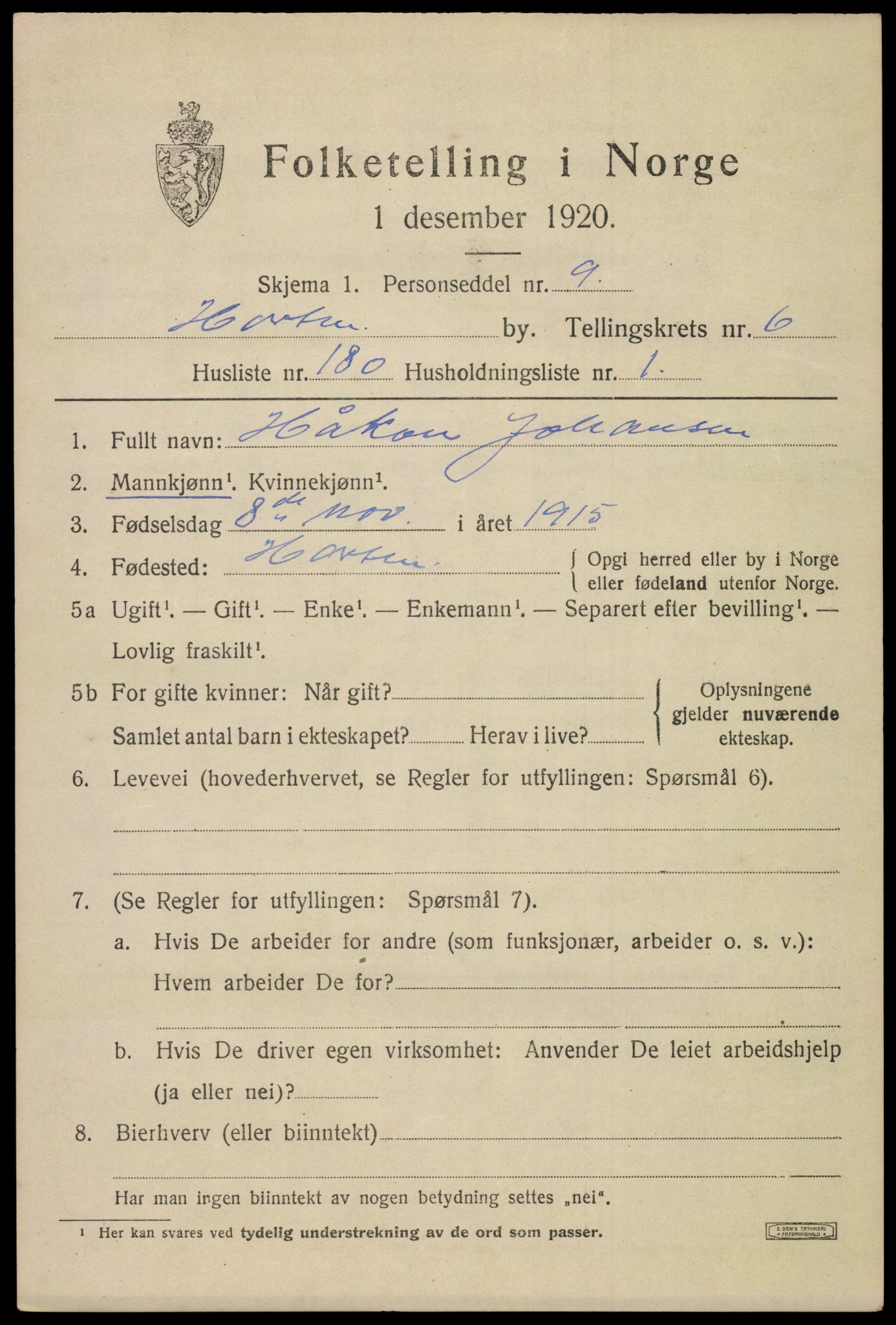 SAKO, 1920 census for Horten, 1920, p. 25441