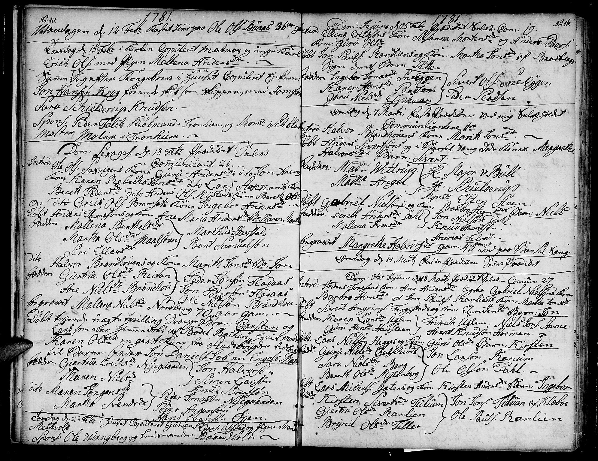 Ministerialprotokoller, klokkerbøker og fødselsregistre - Sør-Trøndelag, SAT/A-1456/604/L0180: Parish register (official) no. 604A01, 1780-1797, p. 15-16