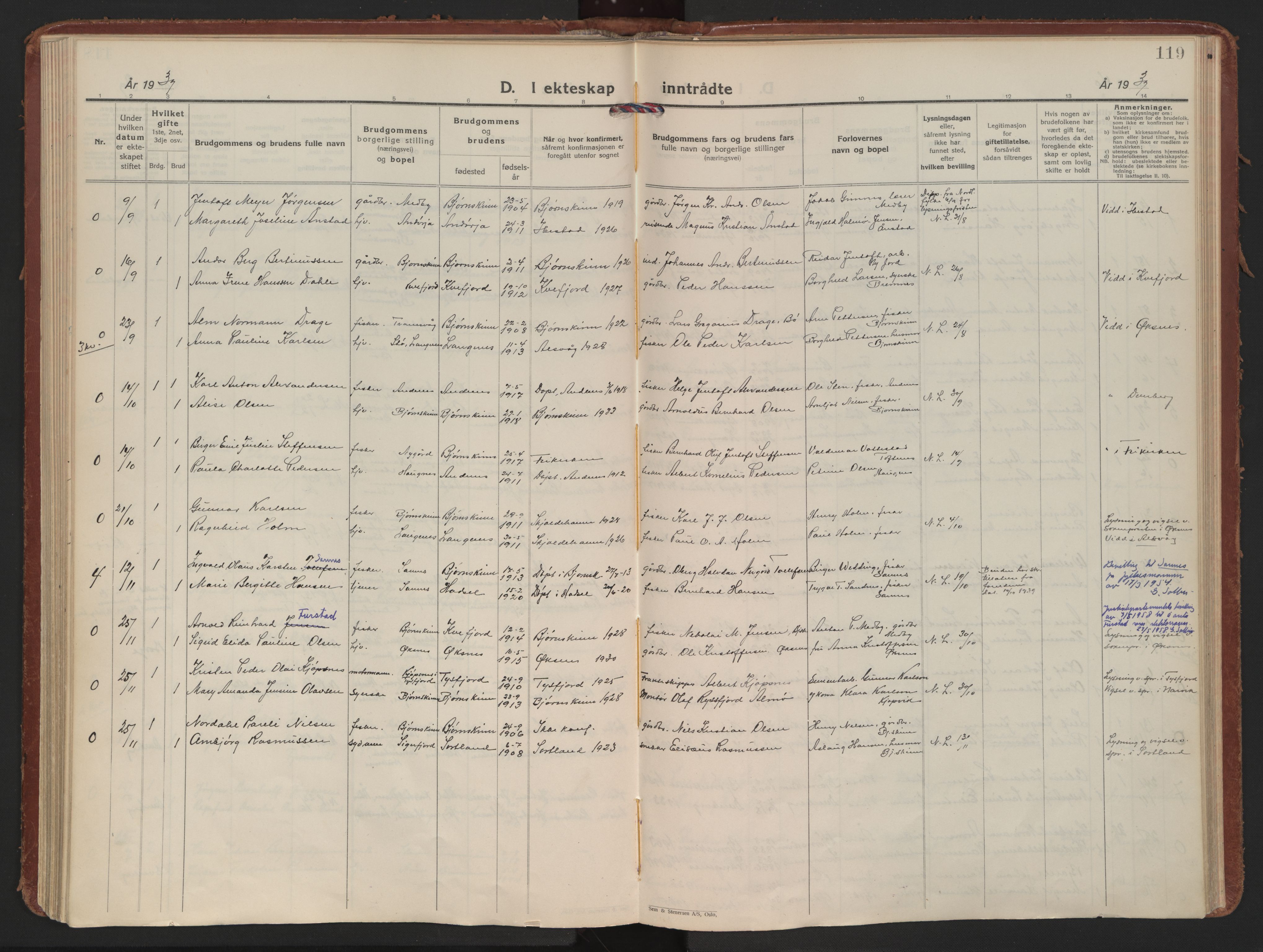 Ministerialprotokoller, klokkerbøker og fødselsregistre - Nordland, AV/SAT-A-1459/898/L1424: Parish register (official) no. 898A04, 1928-1946, p. 119