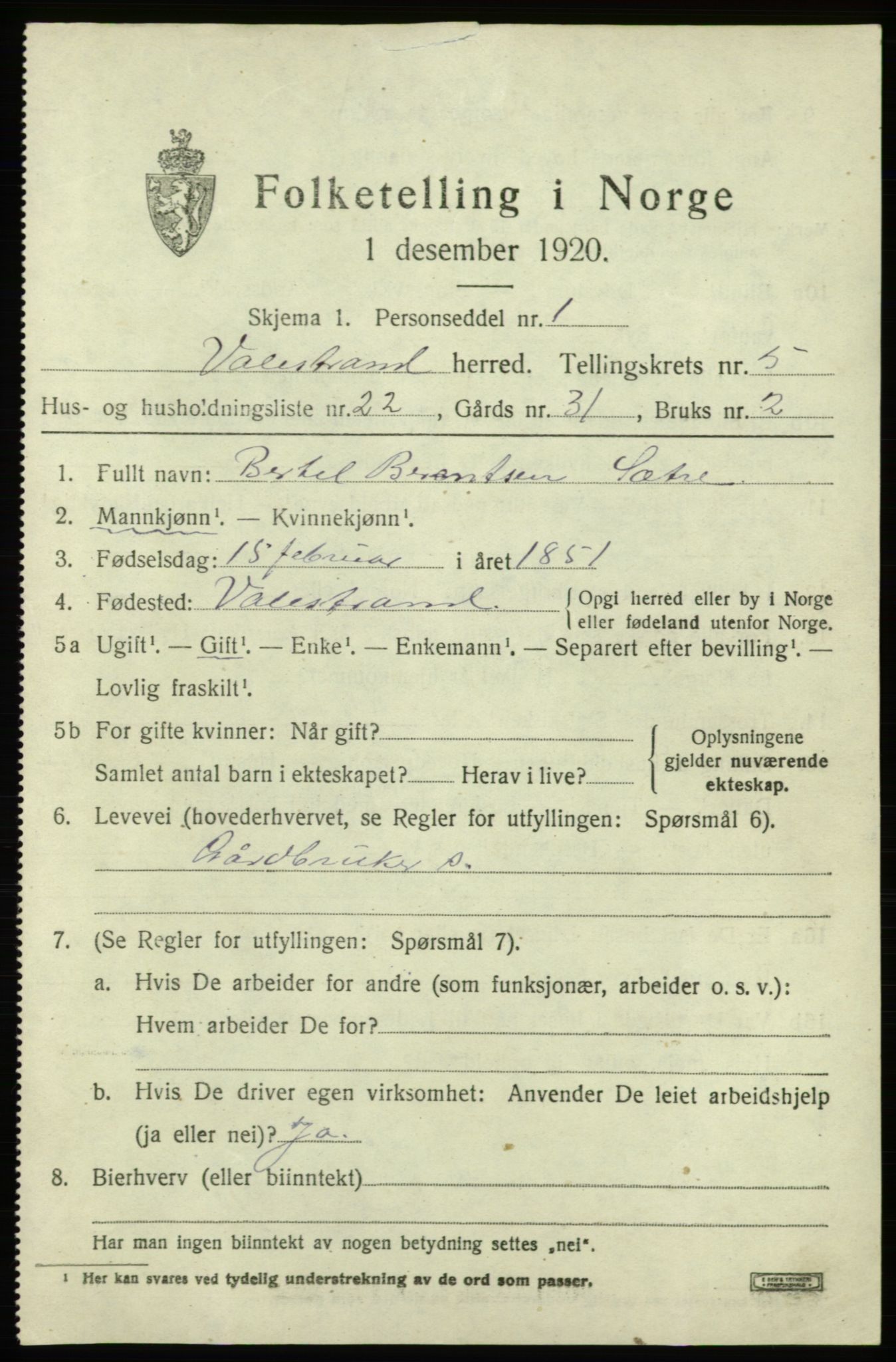 SAB, 1920 census for Valestrand, 1920, p. 2253