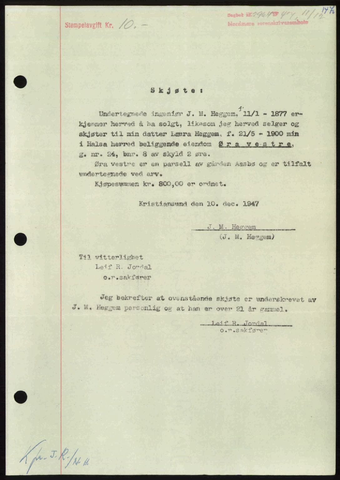 Nordmøre sorenskriveri, AV/SAT-A-4132/1/2/2Ca: Mortgage book no. A107, 1947-1948, Diary no: : 2964/1947