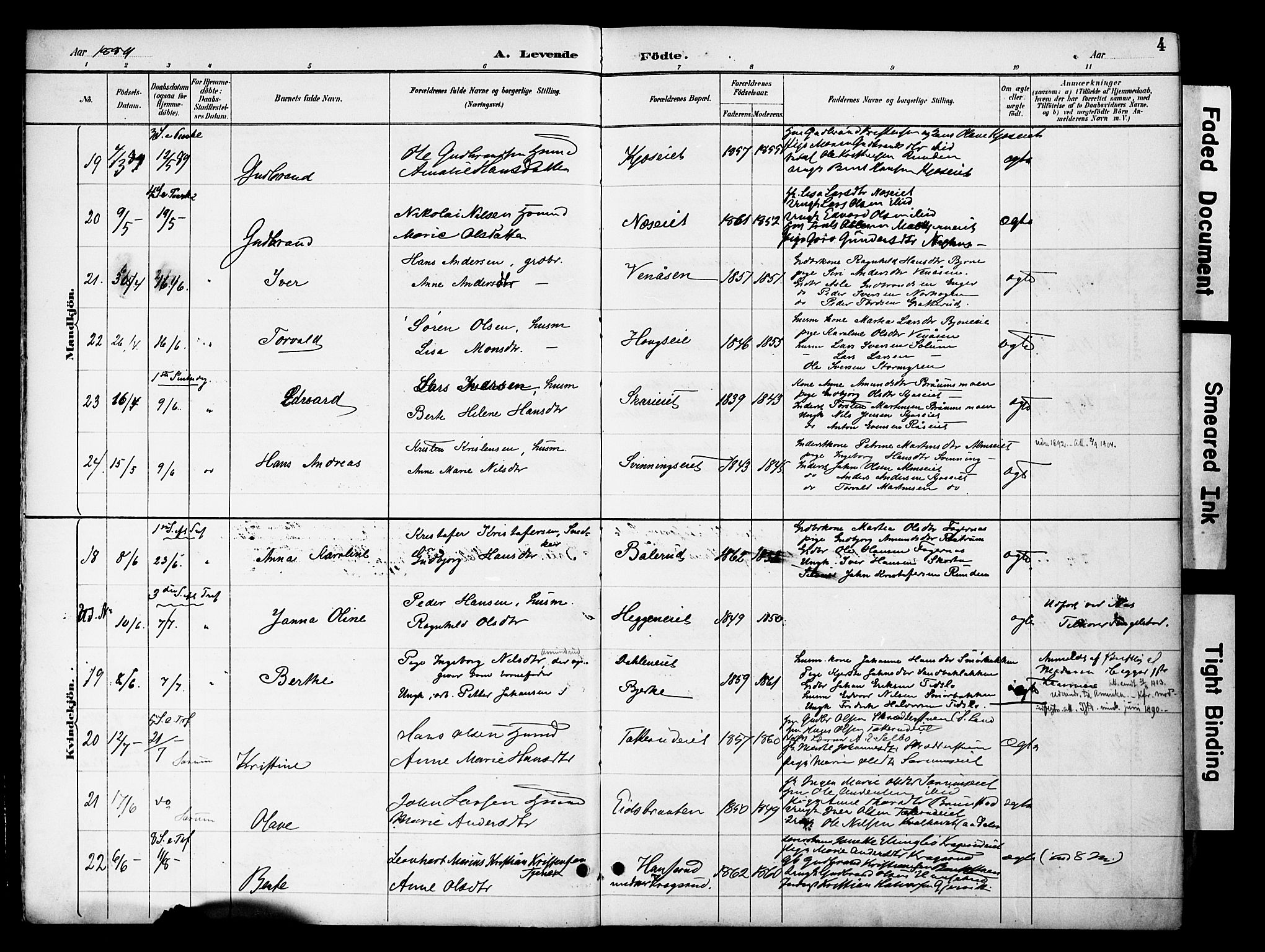 Gran prestekontor, AV/SAH-PREST-112/H/Ha/Haa/L0020: Parish register (official) no. 20, 1889-1899, p. 4