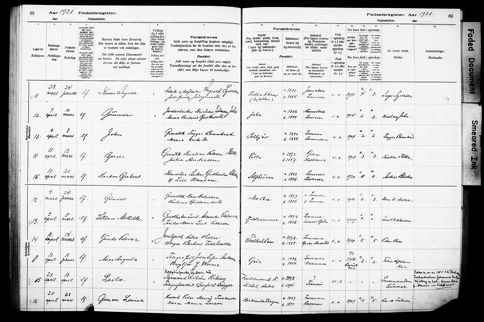 Lunner prestekontor, AV/SAH-PREST-118/I/Id/L0001: Birth register no. 1, 1916-1932, p. 69