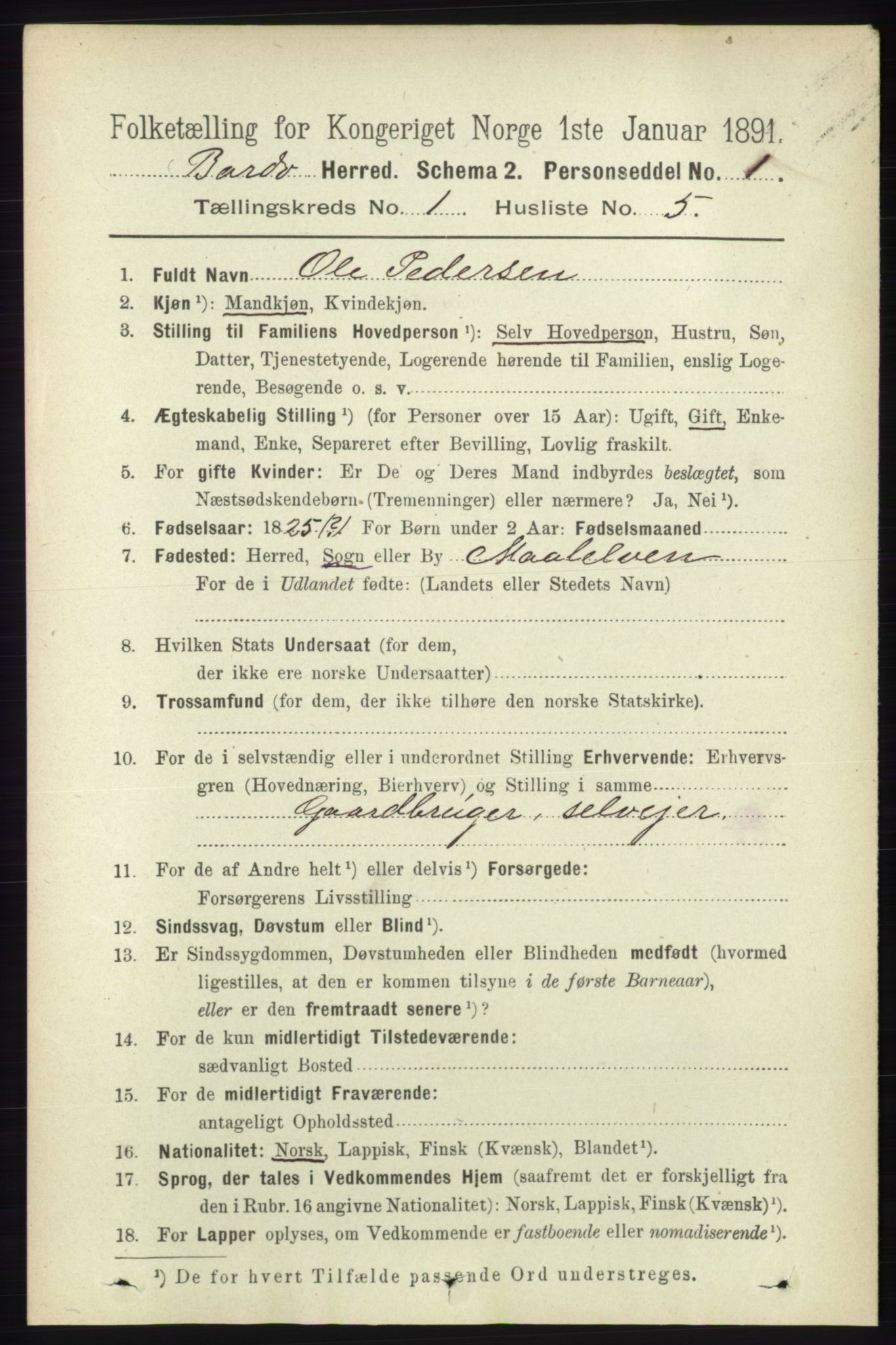 RA, 1891 census for 1922 Bardu, 1891, p. 101