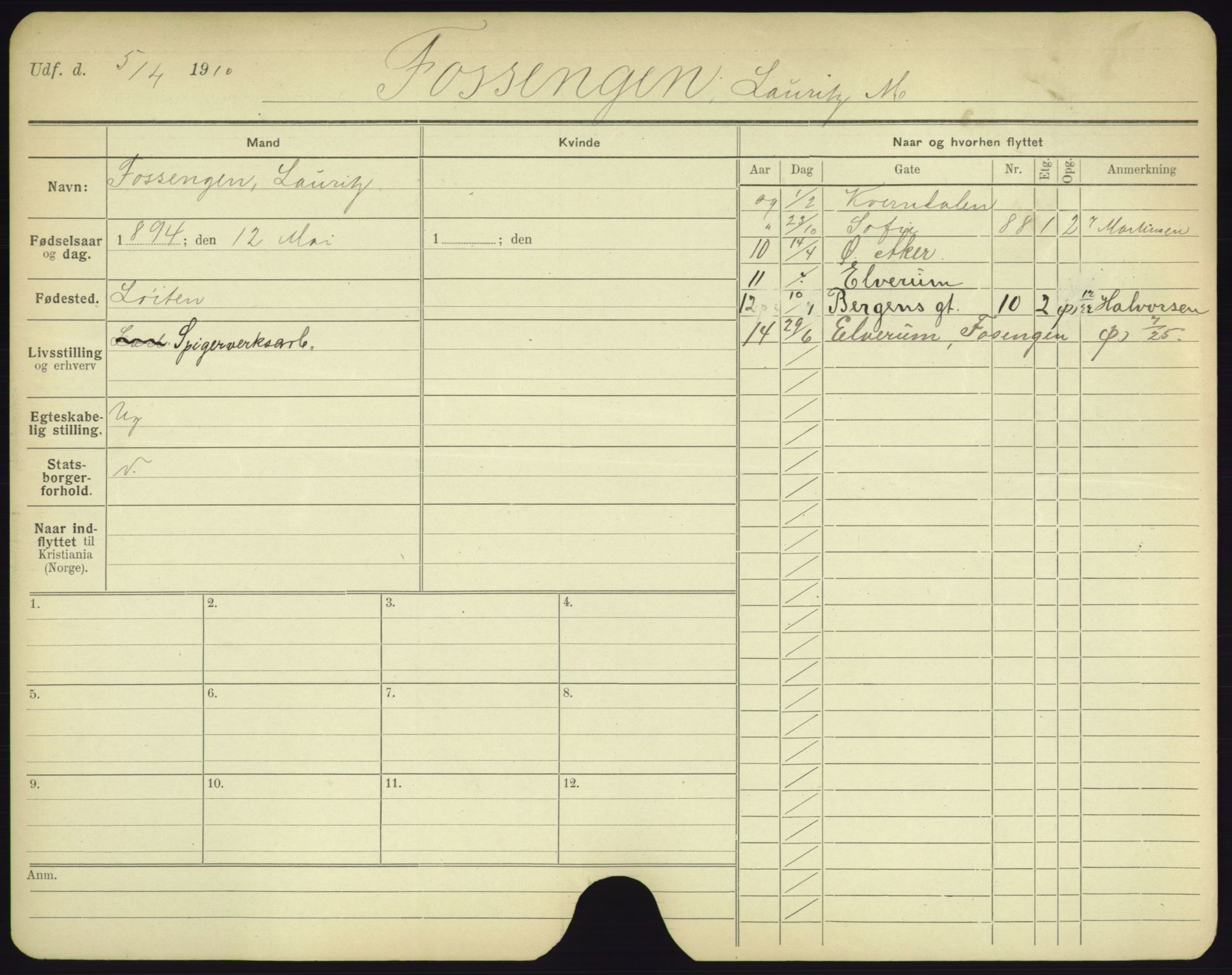 Oslo folkeregister, Registerkort, AV/SAO-A-11715/F/Fa/Fac/L0003: Menn, 1906-1914, p. 227a