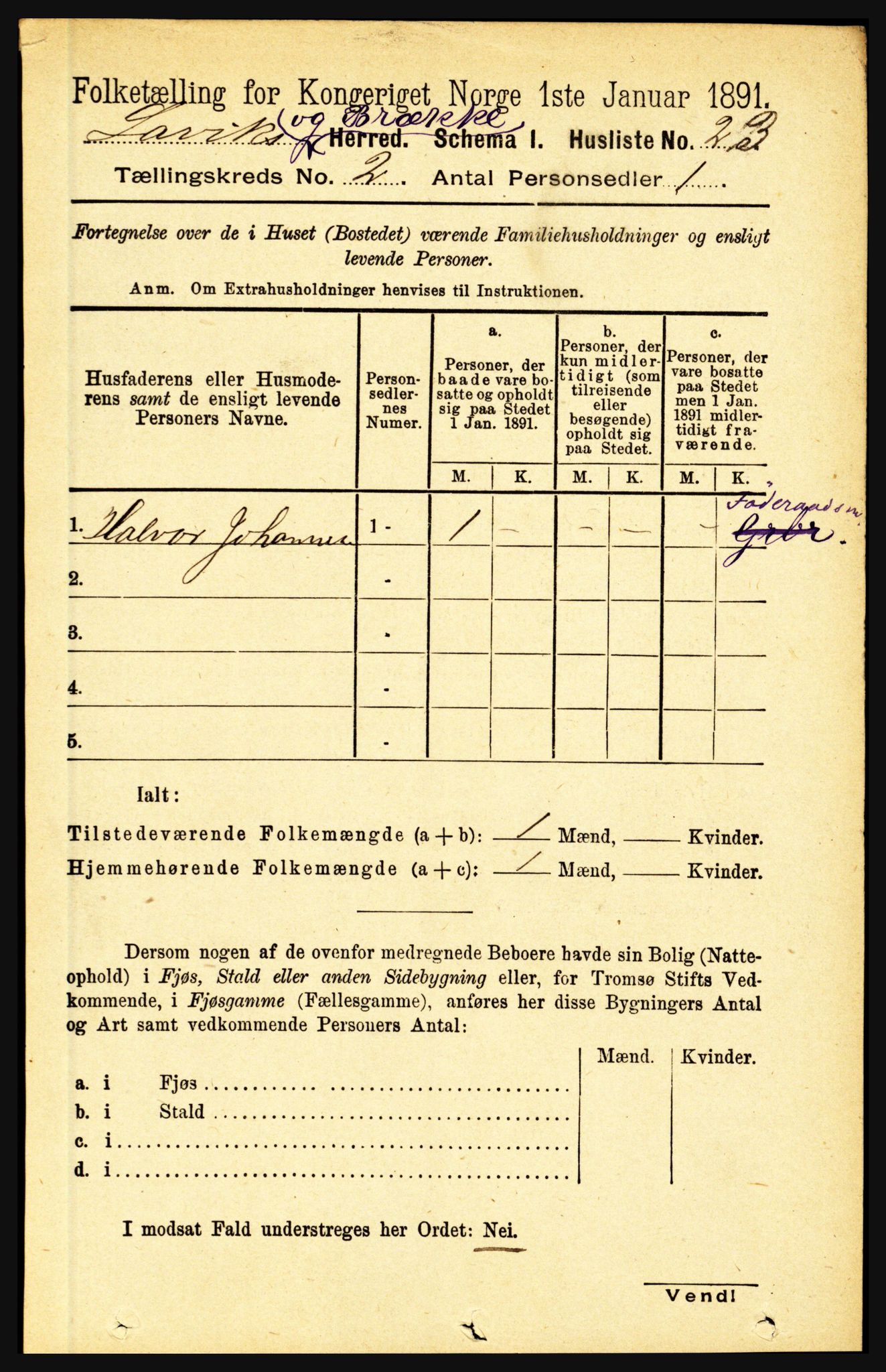 RA, 1891 census for 1415 Lavik og Brekke, 1891, p. 284