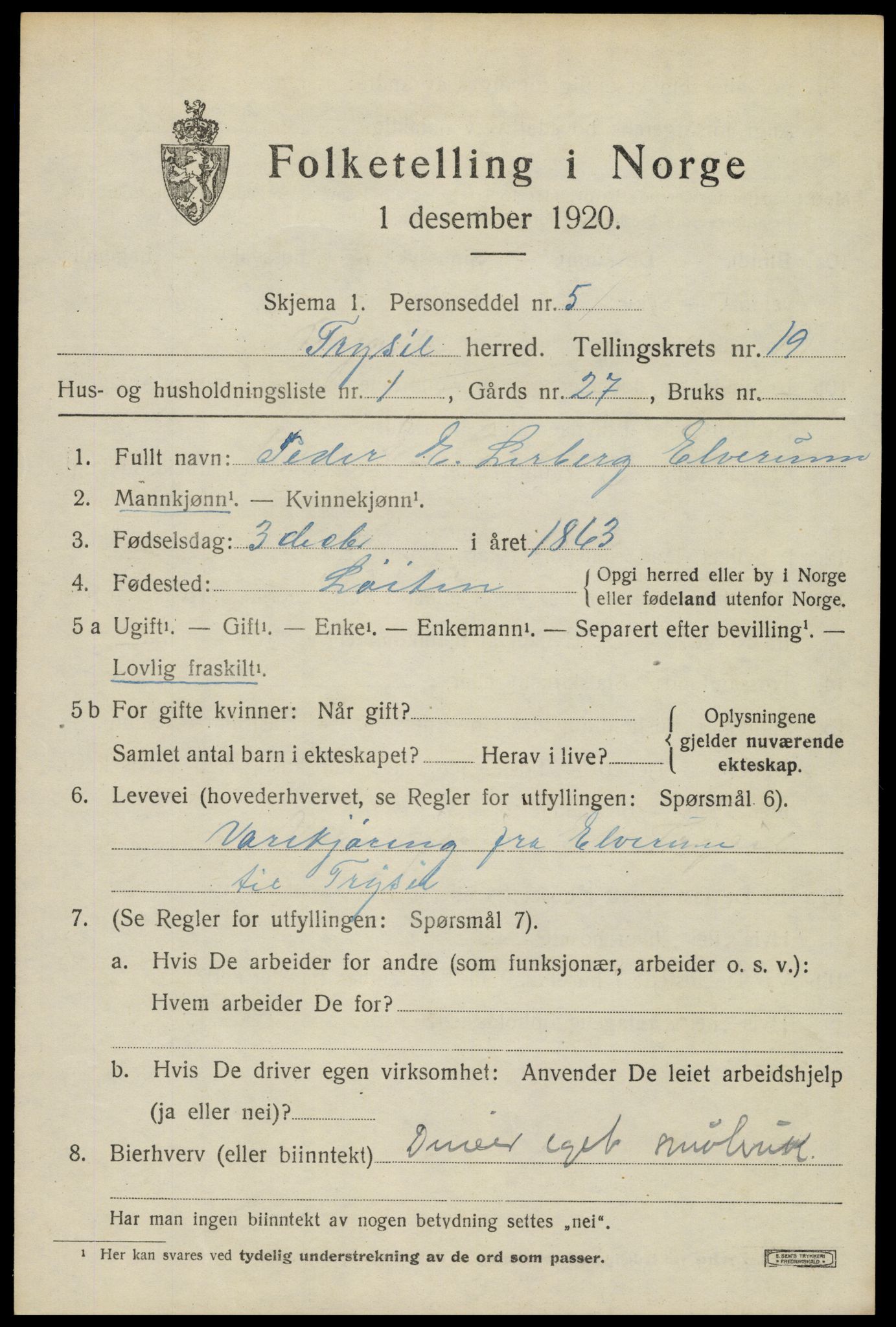 SAH, 1920 census for Trysil, 1920, p. 12733