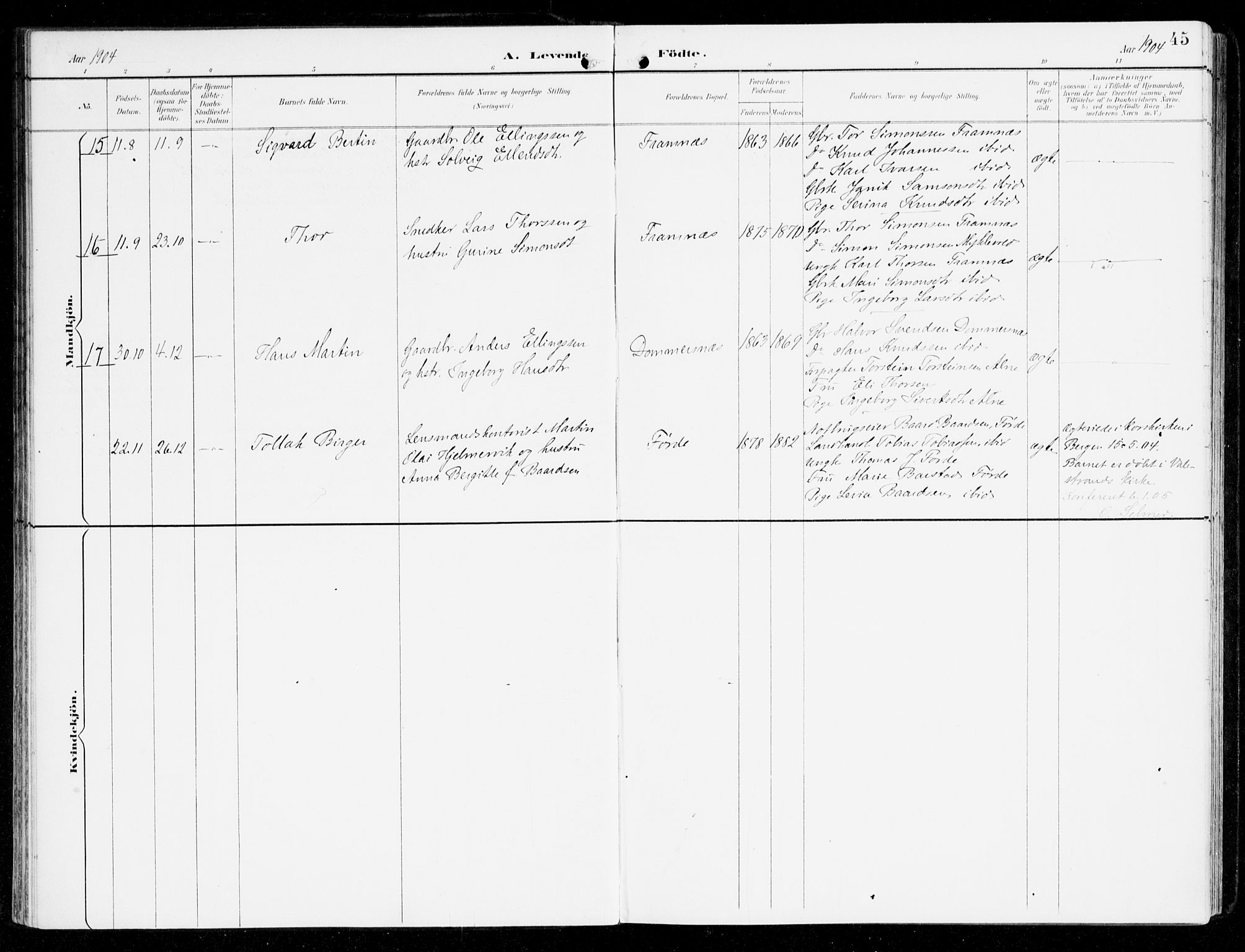 Sveio Sokneprestembete, AV/SAB-A-78501/H/Haa: Parish register (official) no. D 2, 1894-1916, p. 45