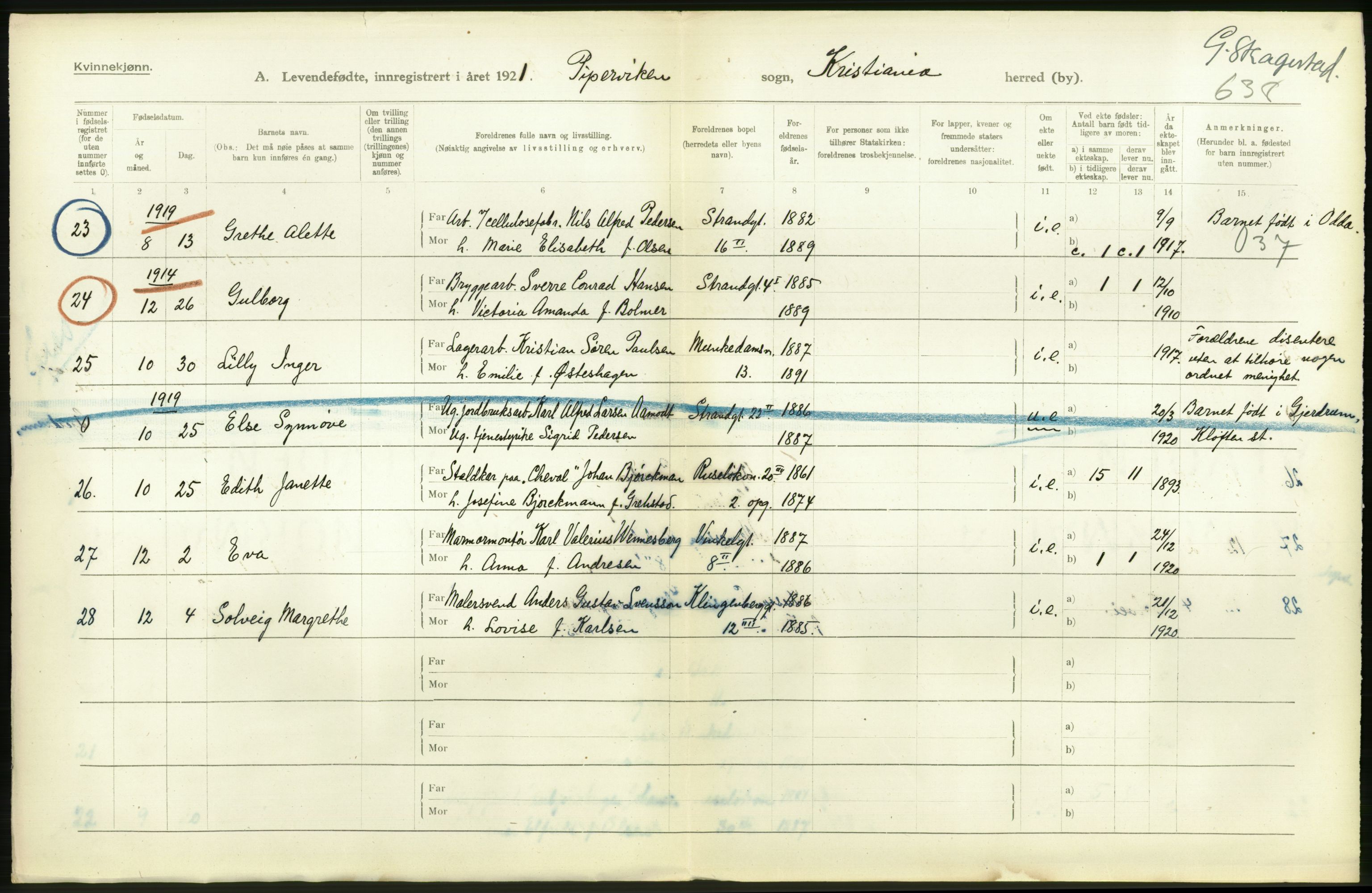 Statistisk sentralbyrå, Sosiodemografiske emner, Befolkning, AV/RA-S-2228/D/Df/Dfc/Dfca/L0009: Kristiania: Levendefødte menn og kvinner., 1921, p. 336