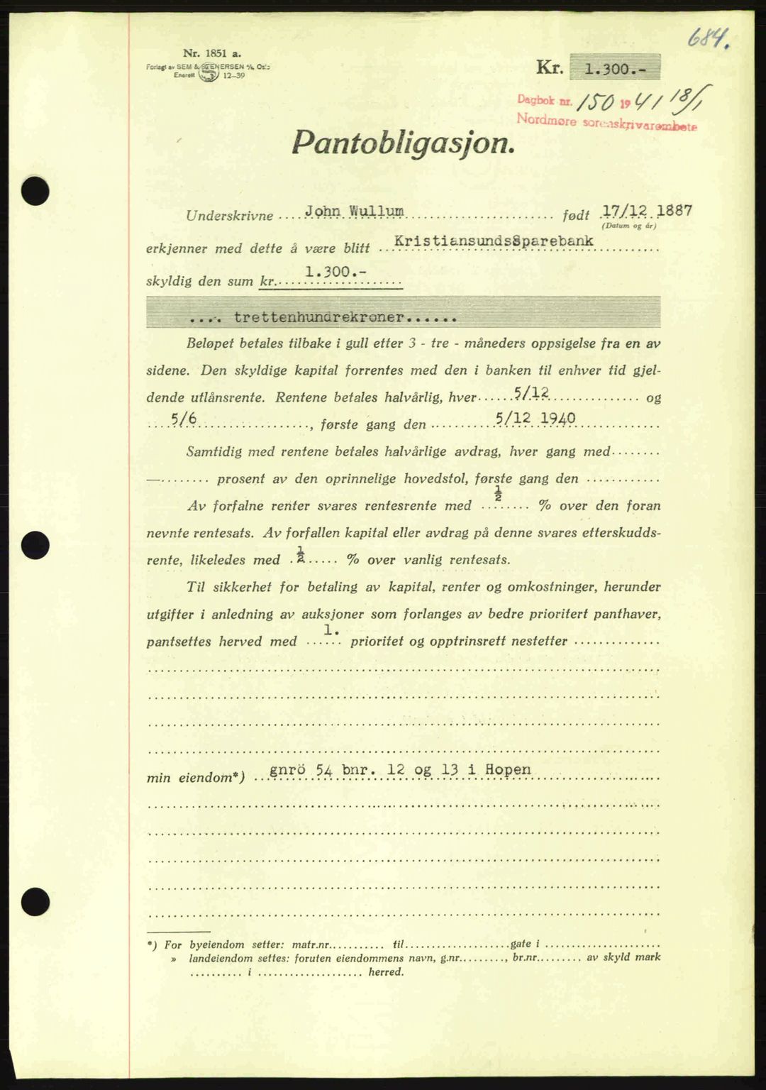 Nordmøre sorenskriveri, AV/SAT-A-4132/1/2/2Ca: Mortgage book no. B87, 1940-1941, Diary no: : 150/1941