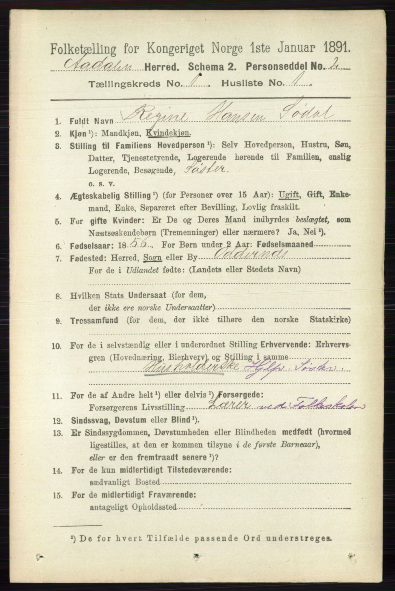 RA, 1891 census for 0614 Ådal, 1891, p. 75