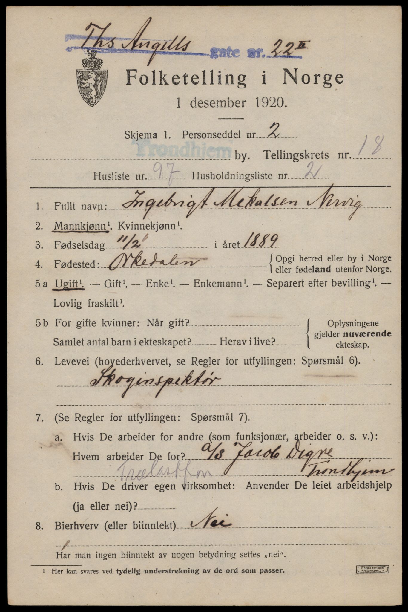 SAT, 1920 census for Trondheim, 1920, p. 58224