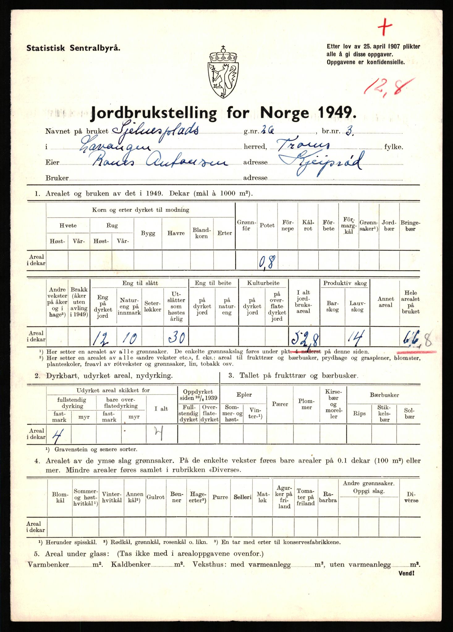 Statistisk sentralbyrå, Næringsøkonomiske emner, Jordbruk, skogbruk, jakt, fiske og fangst, AV/RA-S-2234/G/Gc/L0437: Troms: Gratangen og Lavangen, 1949, p. 579