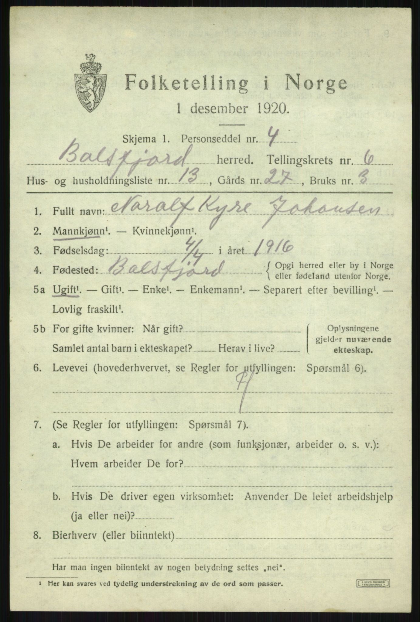 SATØ, 1920 census for Balsfjord, 1920, p. 3866