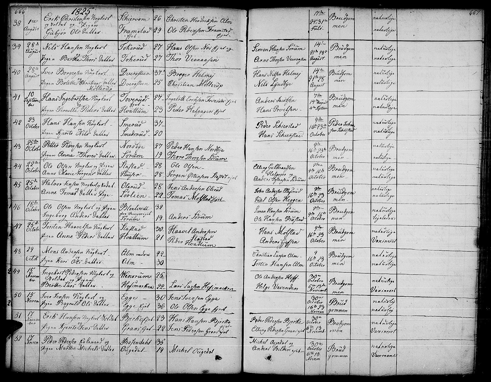 Gran prestekontor, SAH/PREST-112/H/Ha/Haa/L0010: Parish register (official) no. 10, 1824-1842, p. 666-667