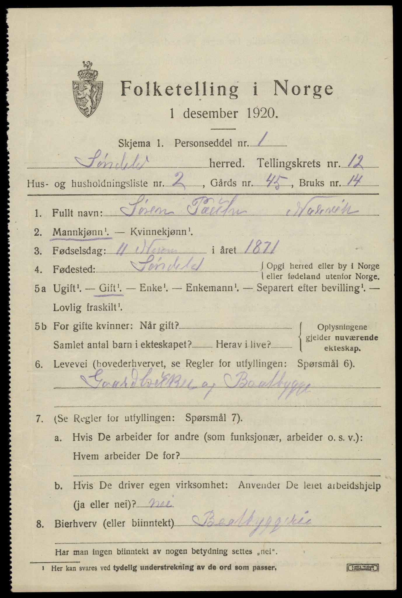 SAK, 1920 census for Søndeled, 1920, p. 5841