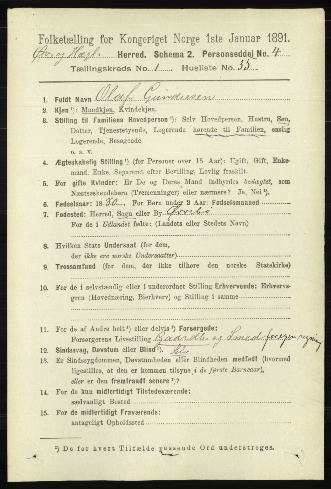 RA, 1891 census for 1016 Øvrebø og Hægeland, 1891, p. 266