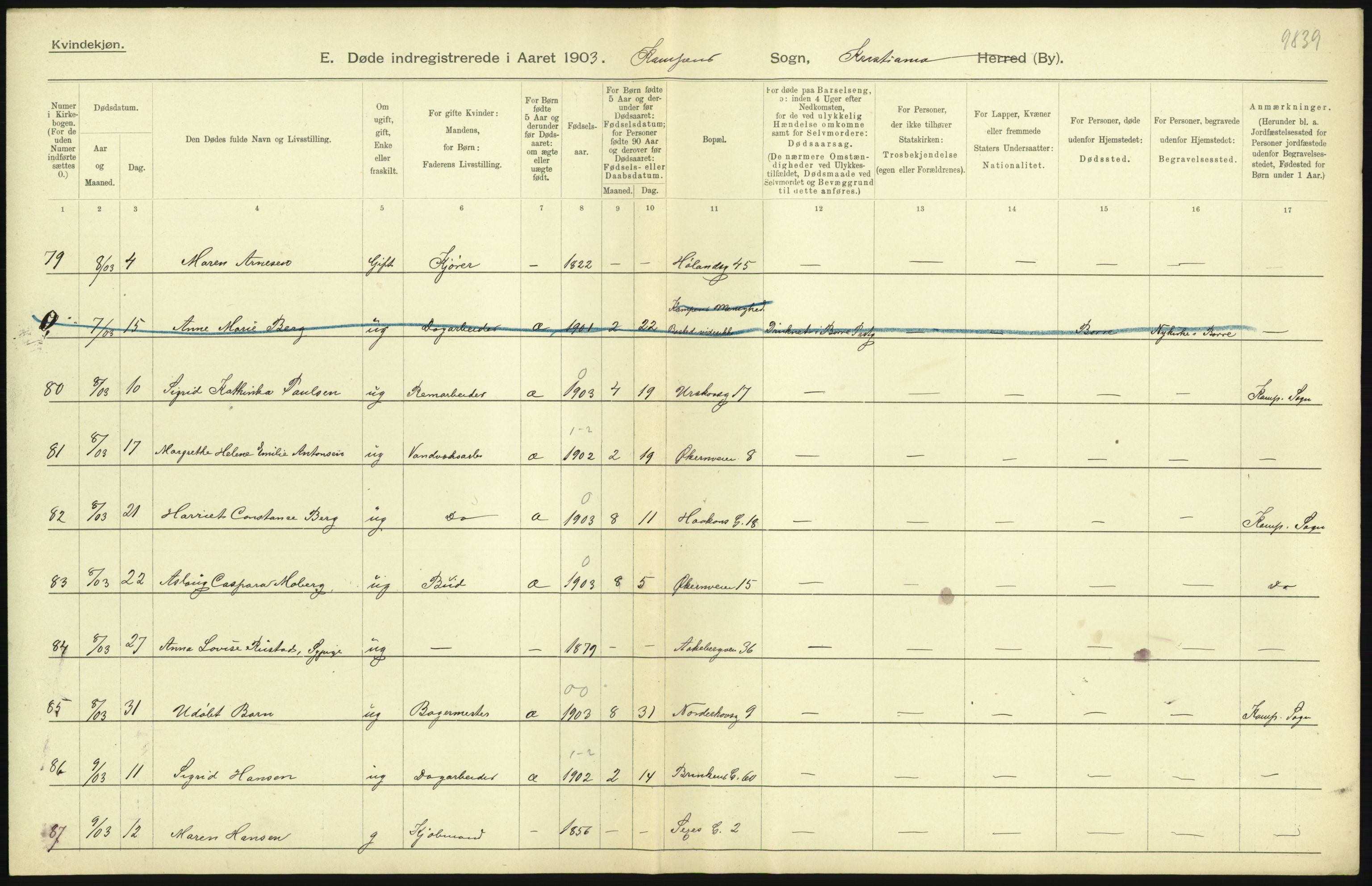 Statistisk sentralbyrå, Sosiodemografiske emner, Befolkning, AV/RA-S-2228/D/Df/Dfa/Dfaa/L0004: Kristiania: Gifte, døde, 1903, p. 243