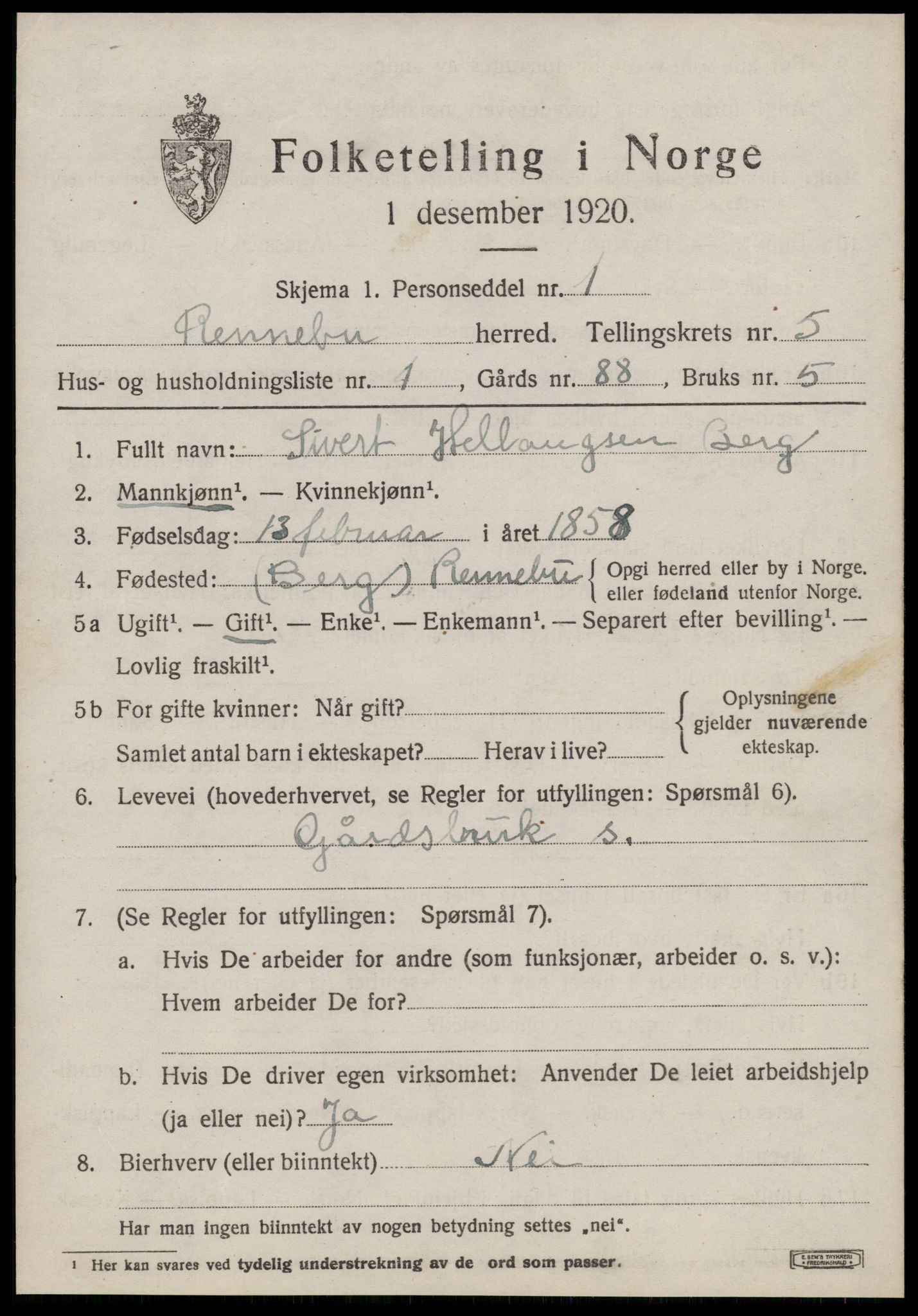 SAT, 1920 census for Rennebu, 1920, p. 3986