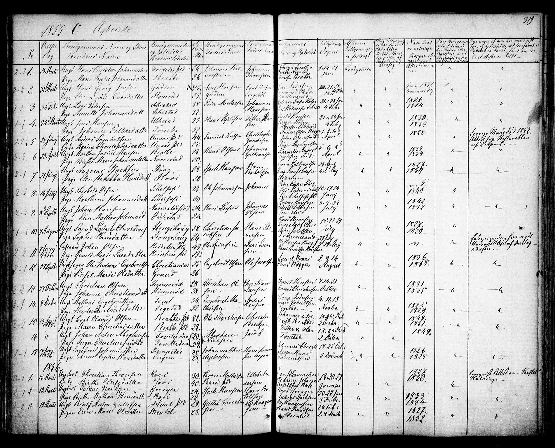 Hobøl prestekontor Kirkebøker, SAO/A-2002/F/Fa/L0003: Parish register (official) no. I 3, 1842-1864, p. 319