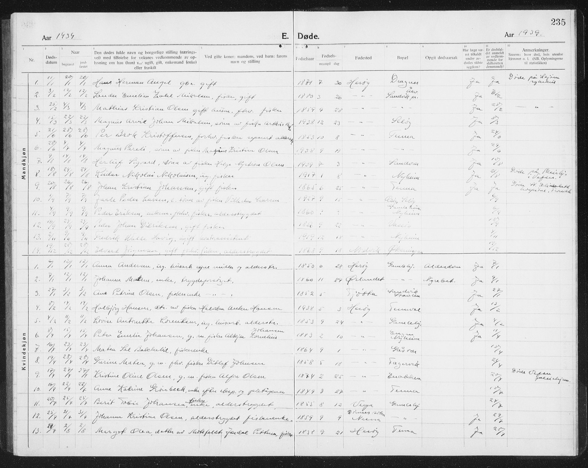 Ministerialprotokoller, klokkerbøker og fødselsregistre - Nordland, AV/SAT-A-1459/834/L0517: Parish register (copy) no. 834C07, 1919-1939, p. 235
