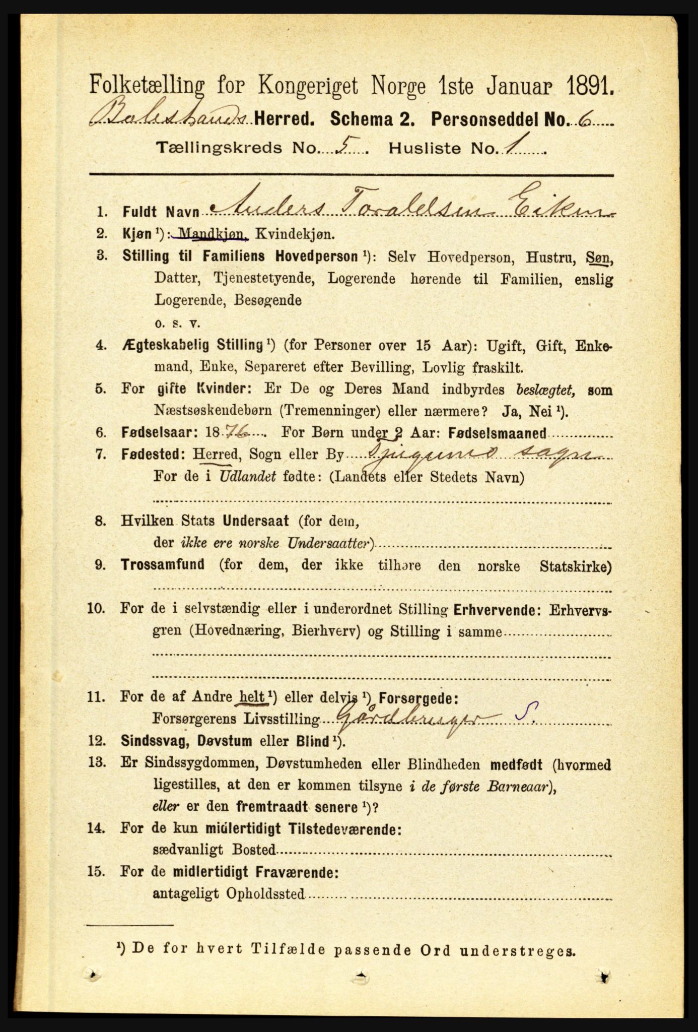 RA, 1891 census for 1418 Balestrand, 1891, p. 1116