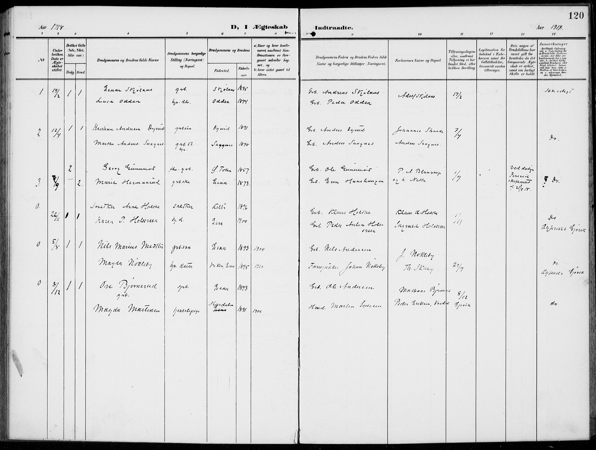 Kolbu prestekontor, SAH/PREST-110/H/Ha/Haa/L0001: Parish register (official) no. 1, 1907-1923, p. 120