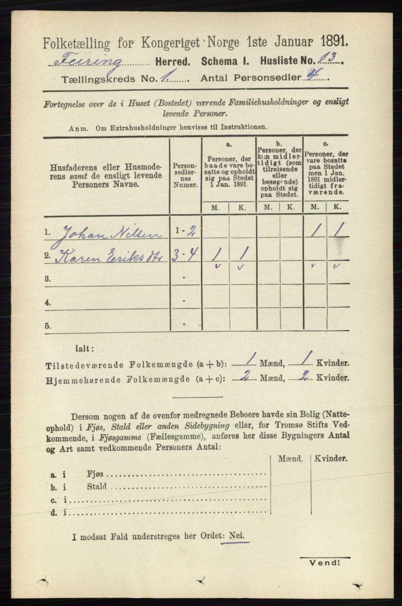 RA, 1891 census for 0240 Feiring, 1891, p. 23