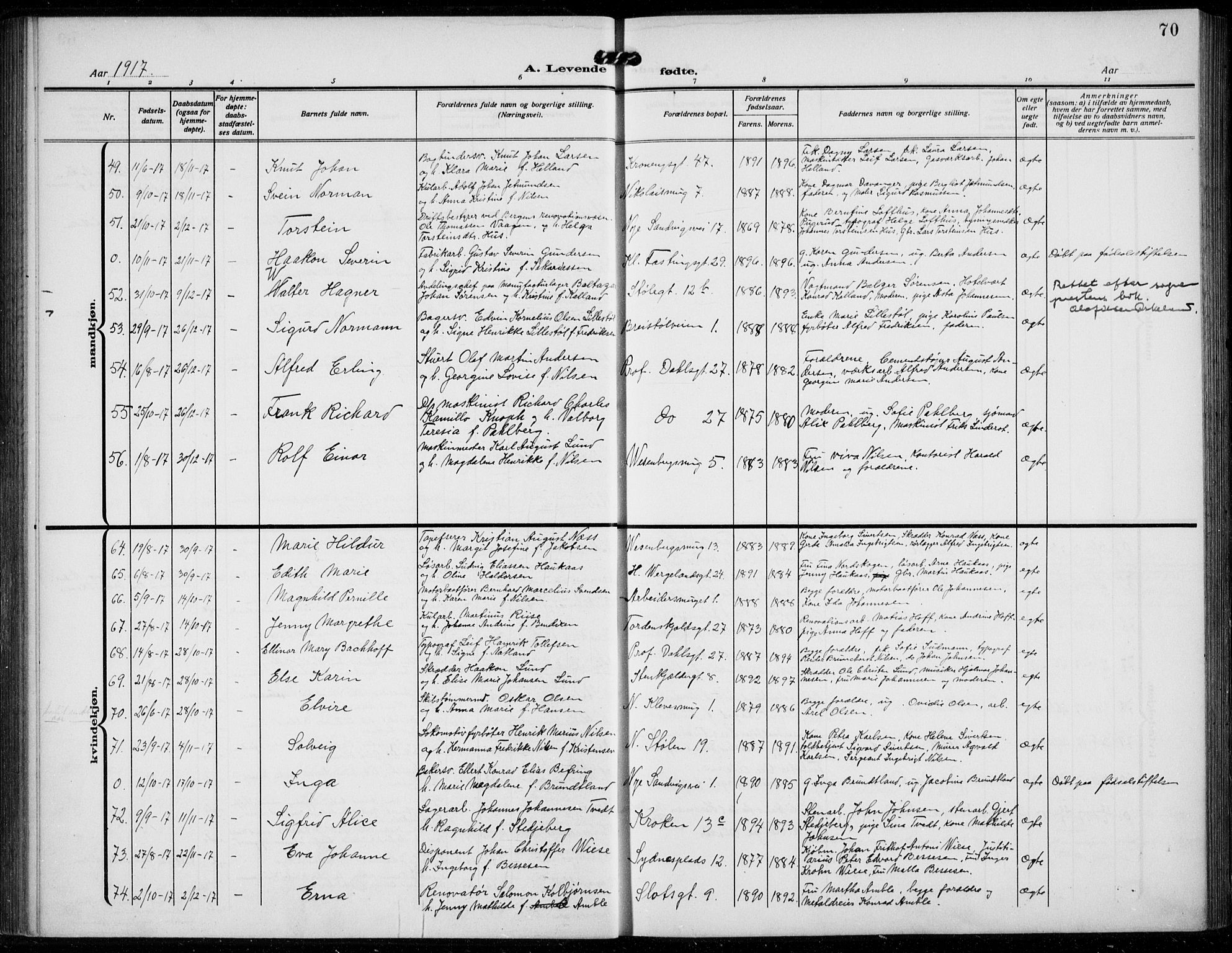 Mariakirken Sokneprestembete, AV/SAB-A-76901/H/Hab/L0006: Parish register (copy) no. A 6, 1909-1939, p. 70