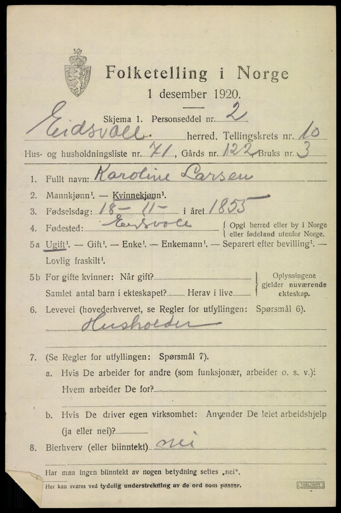 SAO, 1920 census for Eidsvoll, 1920, p. 16743