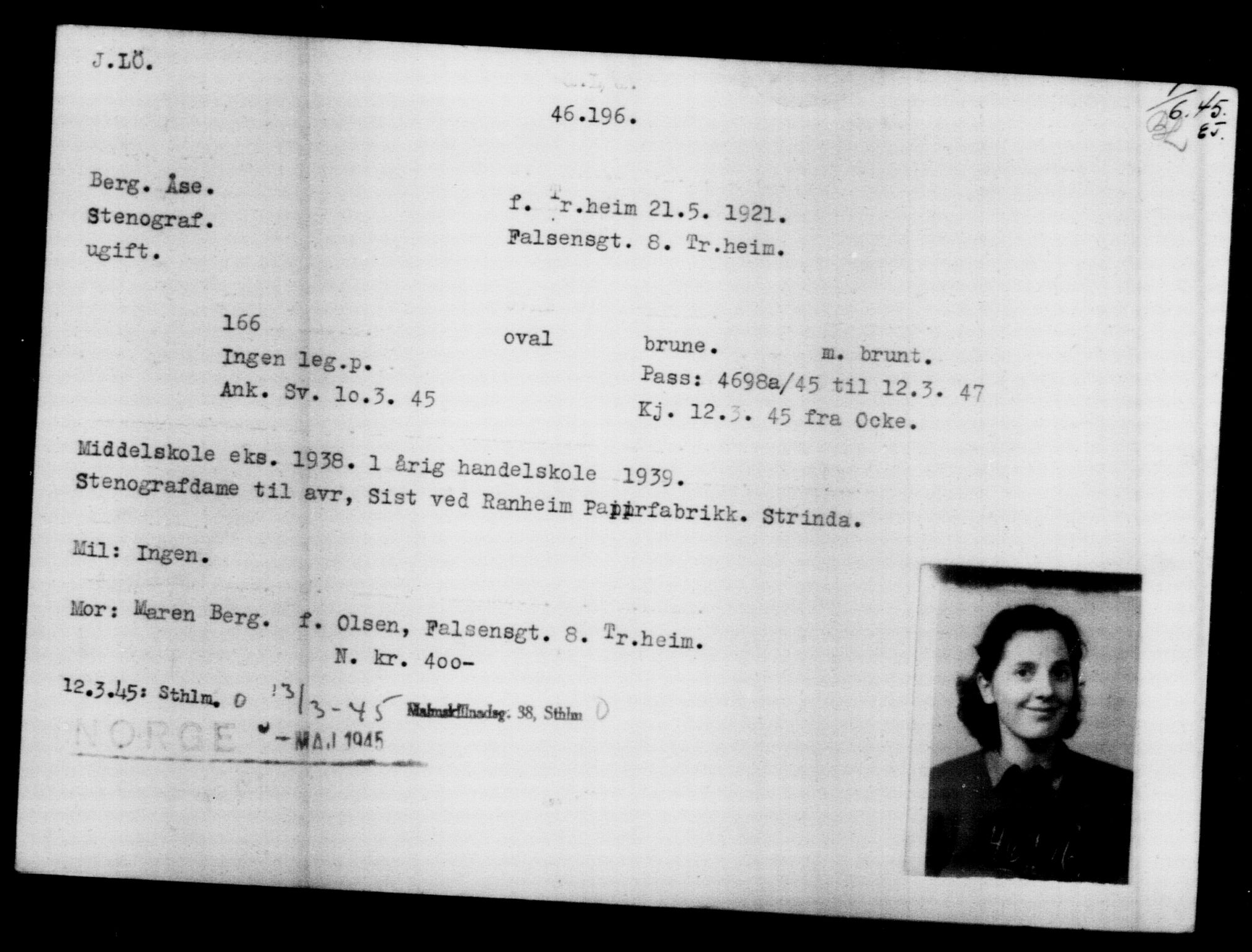 Utenriksstasjonene, Legasjonen i Stockholm, Flyktningkontoret, AV/RA-S-6753/V/Va/L0017: Kjesäterkartoteket, flyktninger med registreringsnr. 43400-46318, 1940-1945, p. 2898