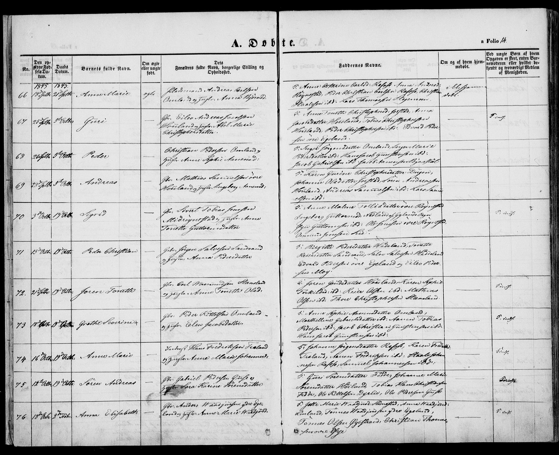 Kvinesdal sokneprestkontor, AV/SAK-1111-0026/F/Fa/Fab/L0005: Parish register (official) no. A 5, 1844-1857, p. 14