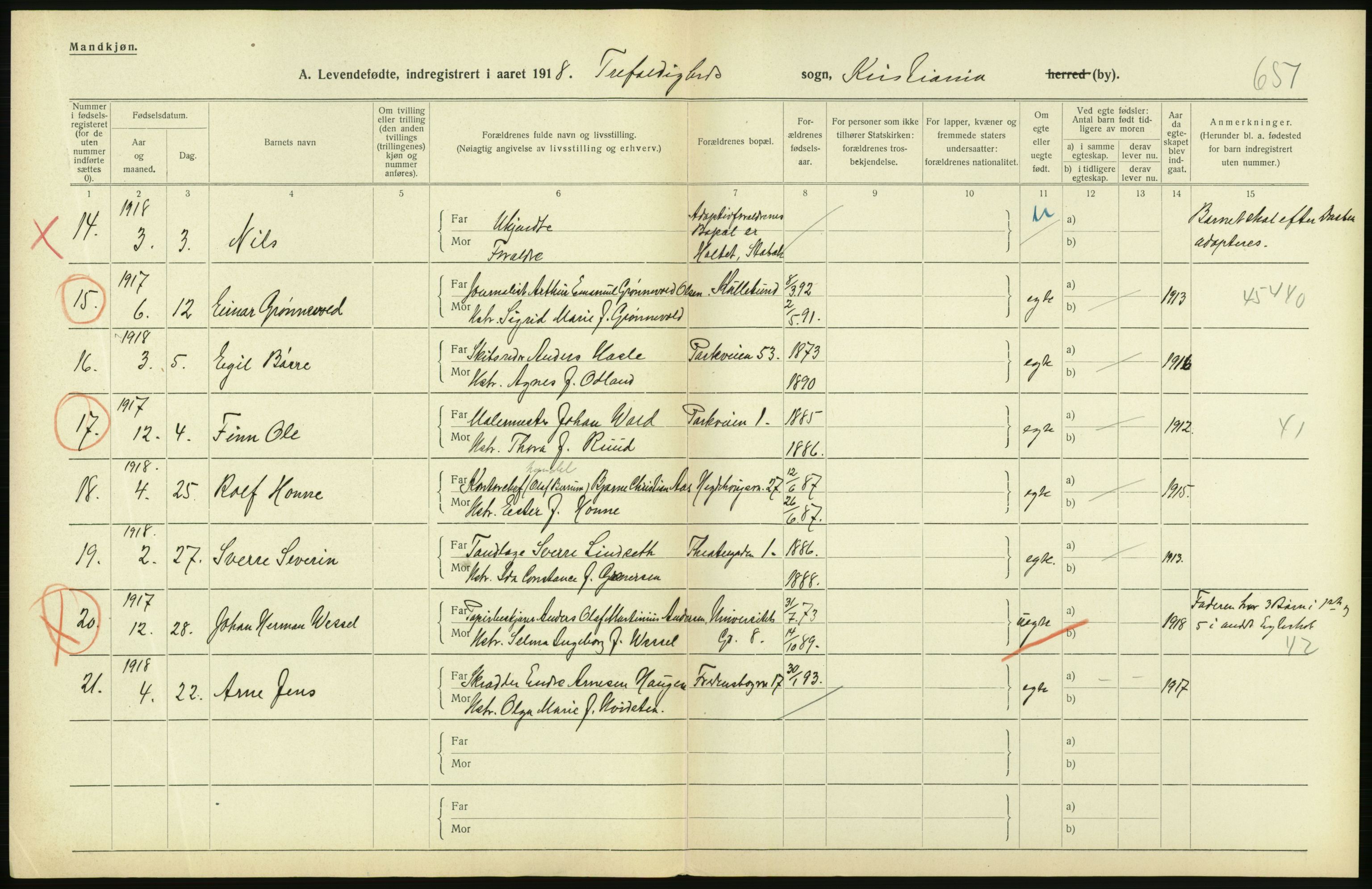 Statistisk sentralbyrå, Sosiodemografiske emner, Befolkning, AV/RA-S-2228/D/Df/Dfb/Dfbh/L0008: Kristiania: Levendefødte menn og kvinner., 1918, p. 262