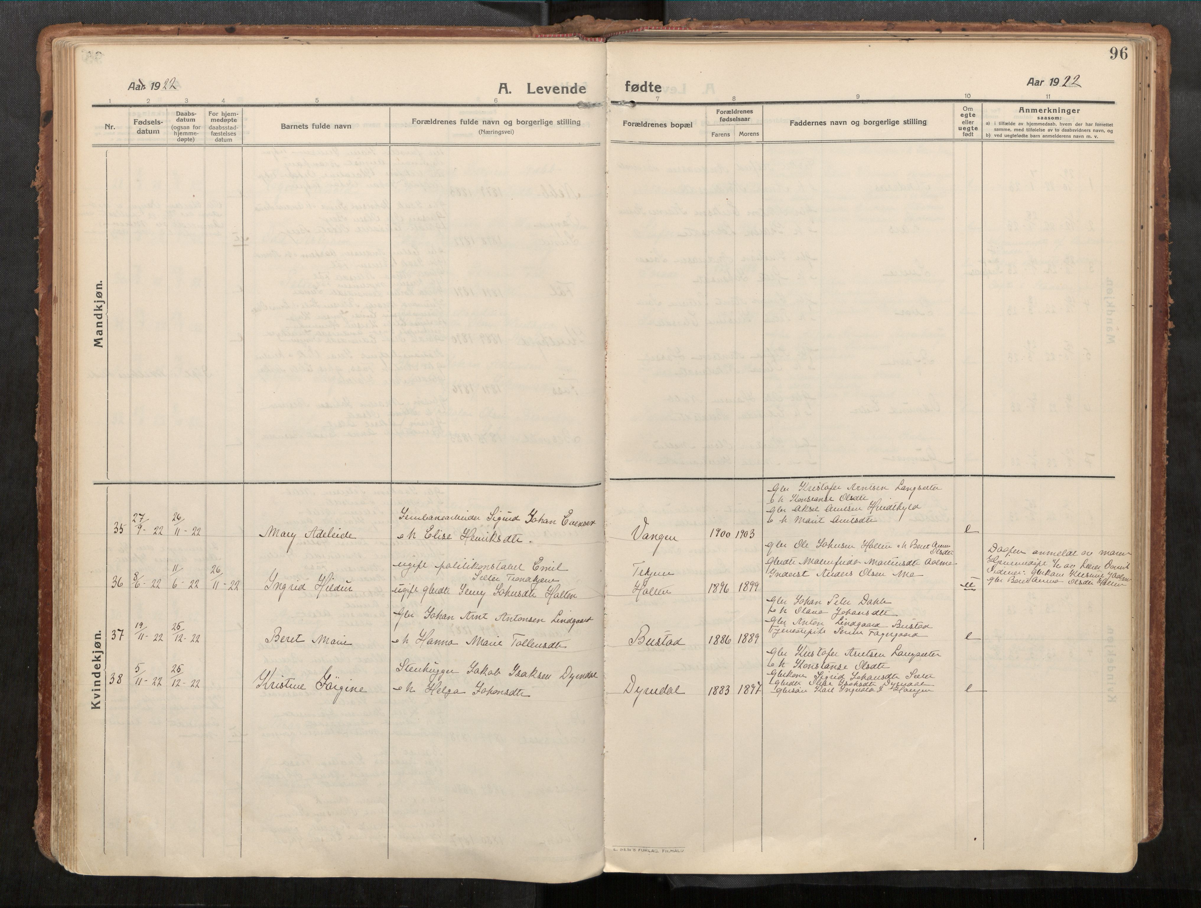 Stadsbygd sokneprestkontor, AV/SAT-A-1117/1/I/I1/I1a/L0001: Parish register (official) no. 1, 1911-1929, p. 96