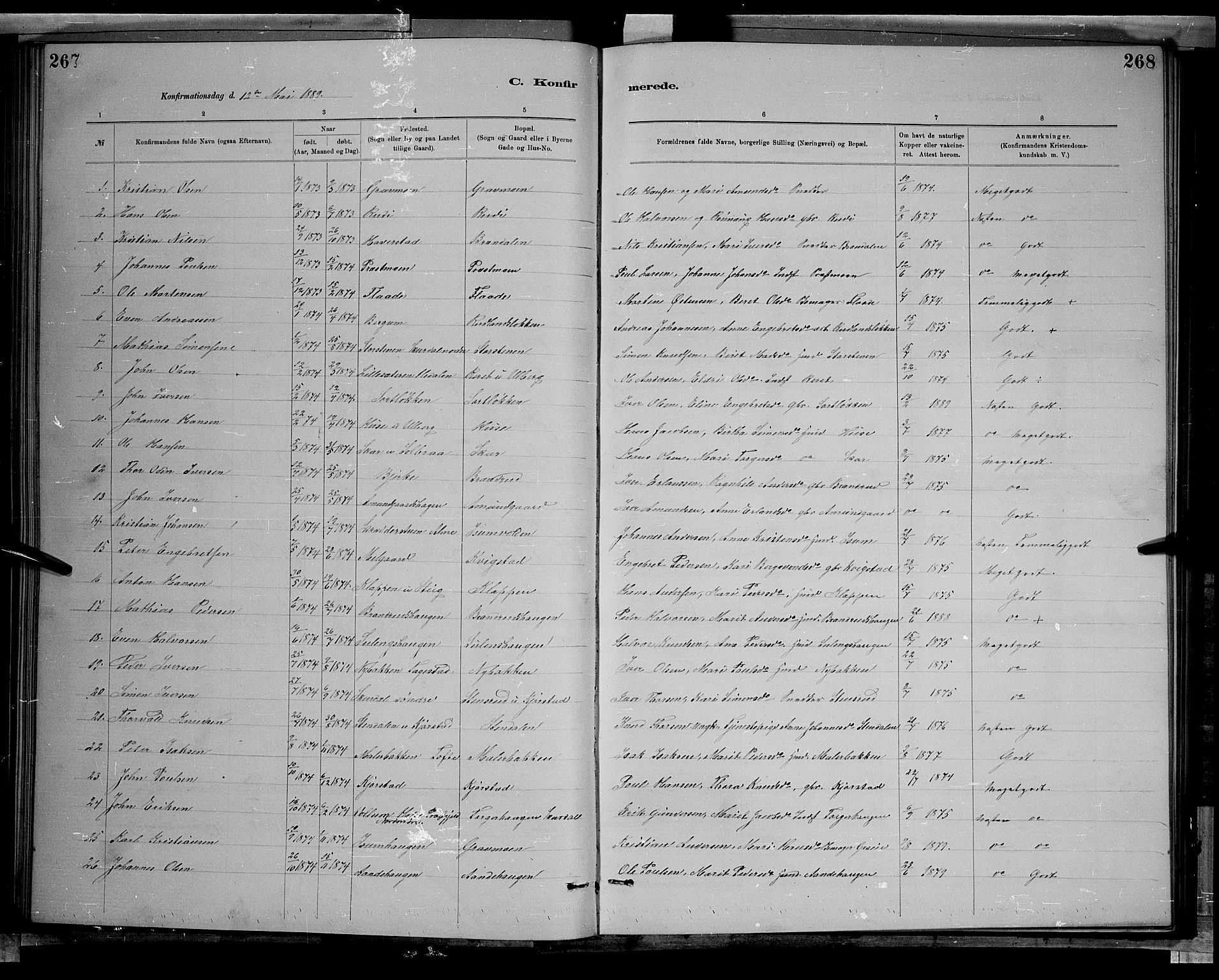 Sør-Fron prestekontor, SAH/PREST-010/H/Ha/Hab/L0003: Parish register (copy) no. 3, 1884-1896, p. 267-268
