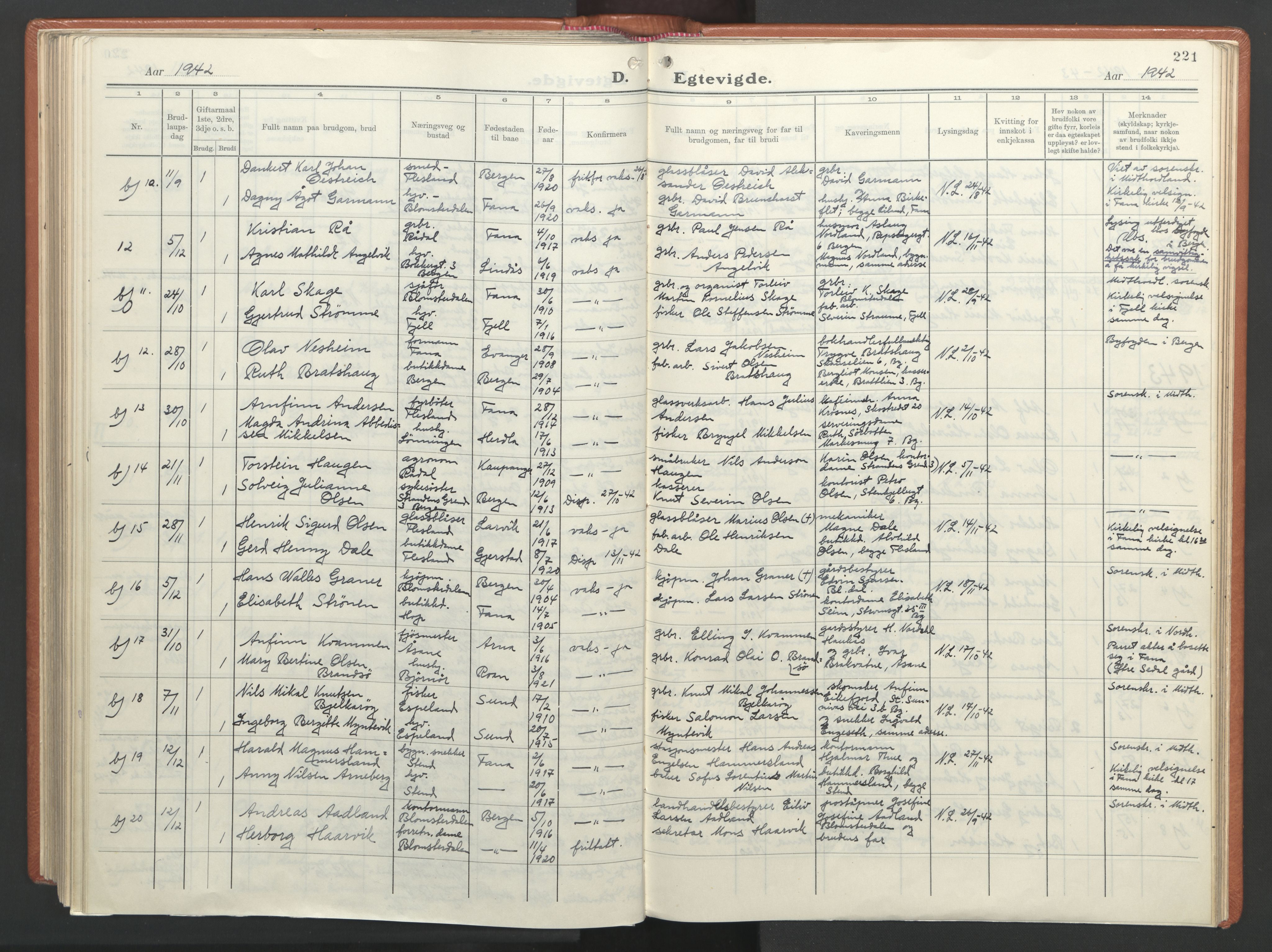 Fana Sokneprestembete, AV/SAB-A-75101/H/Haa/Haab/L0007: Parish register (official) no. B 7, 1934-1947, p. 221