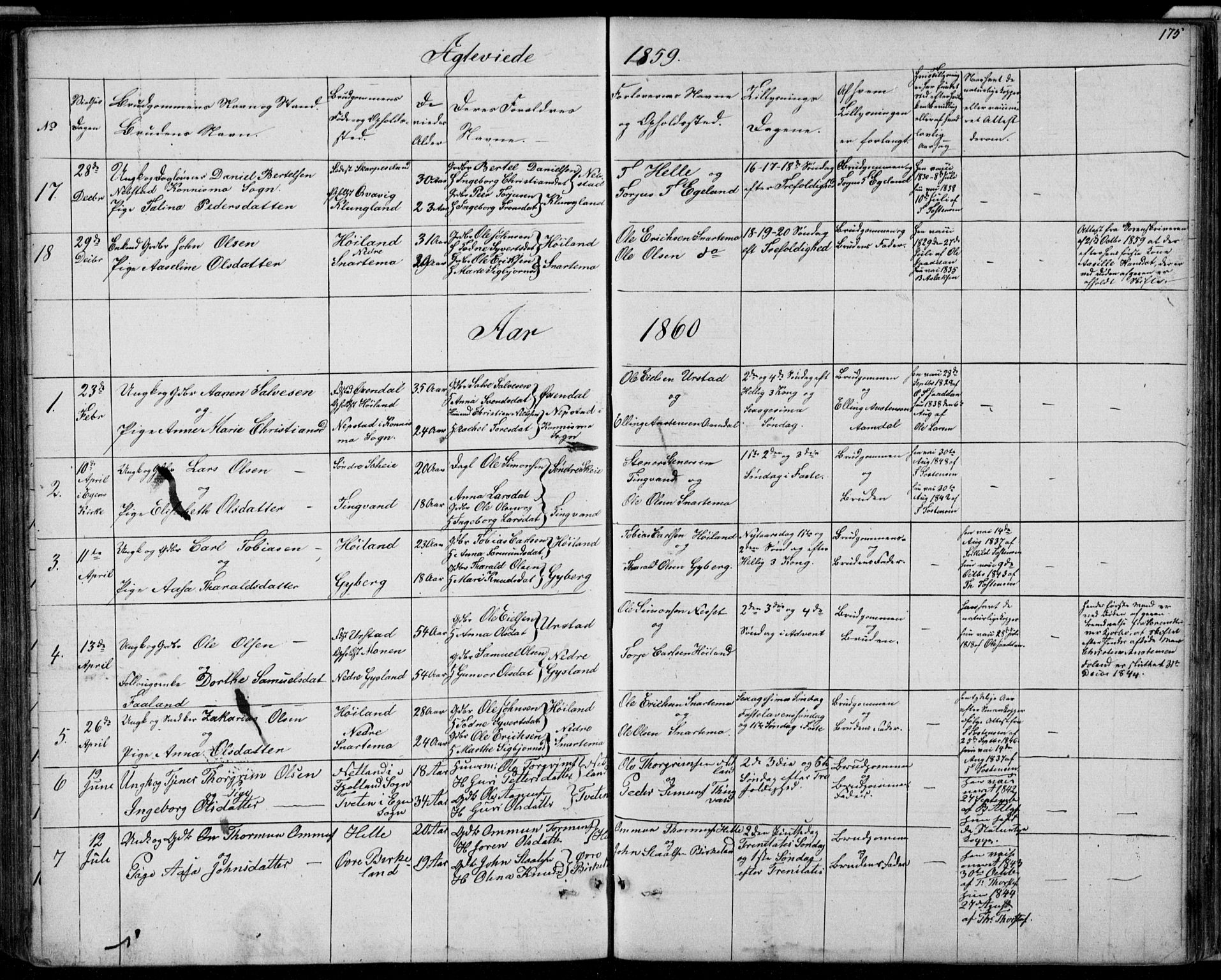 Hægebostad sokneprestkontor, AV/SAK-1111-0024/F/Fb/Fba/L0002: Parish register (copy) no. B 2, 1851-1882, p. 175