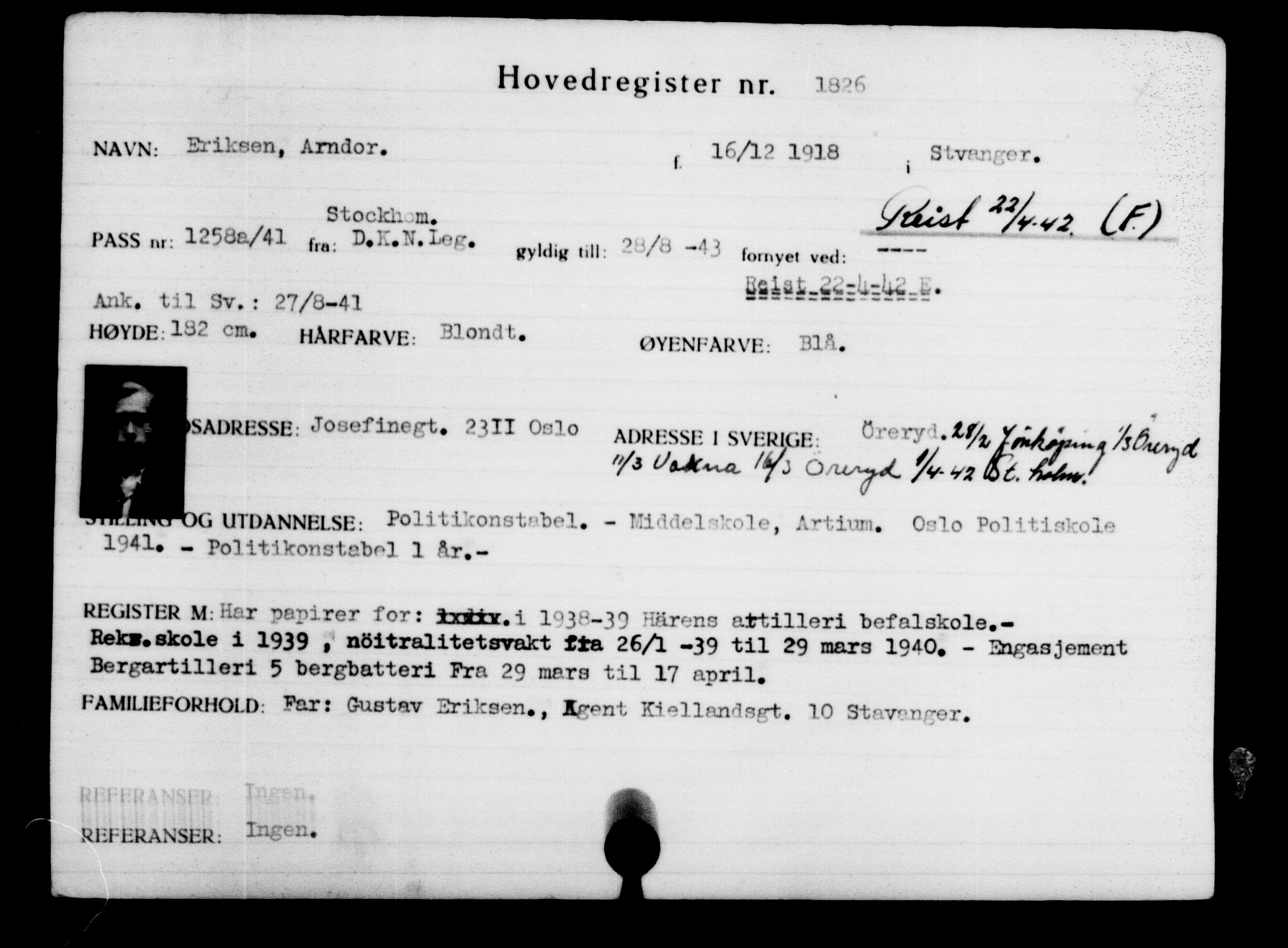 Utenriksstasjonene, Legasjonen i Stockholm, Flyktningkontoret, AV/RA-S-6753/V/Va/L0002: Kjesäterkartoteket, flyktninger med registreringsnr. 1001-2000, 1940-1945, p. 1178