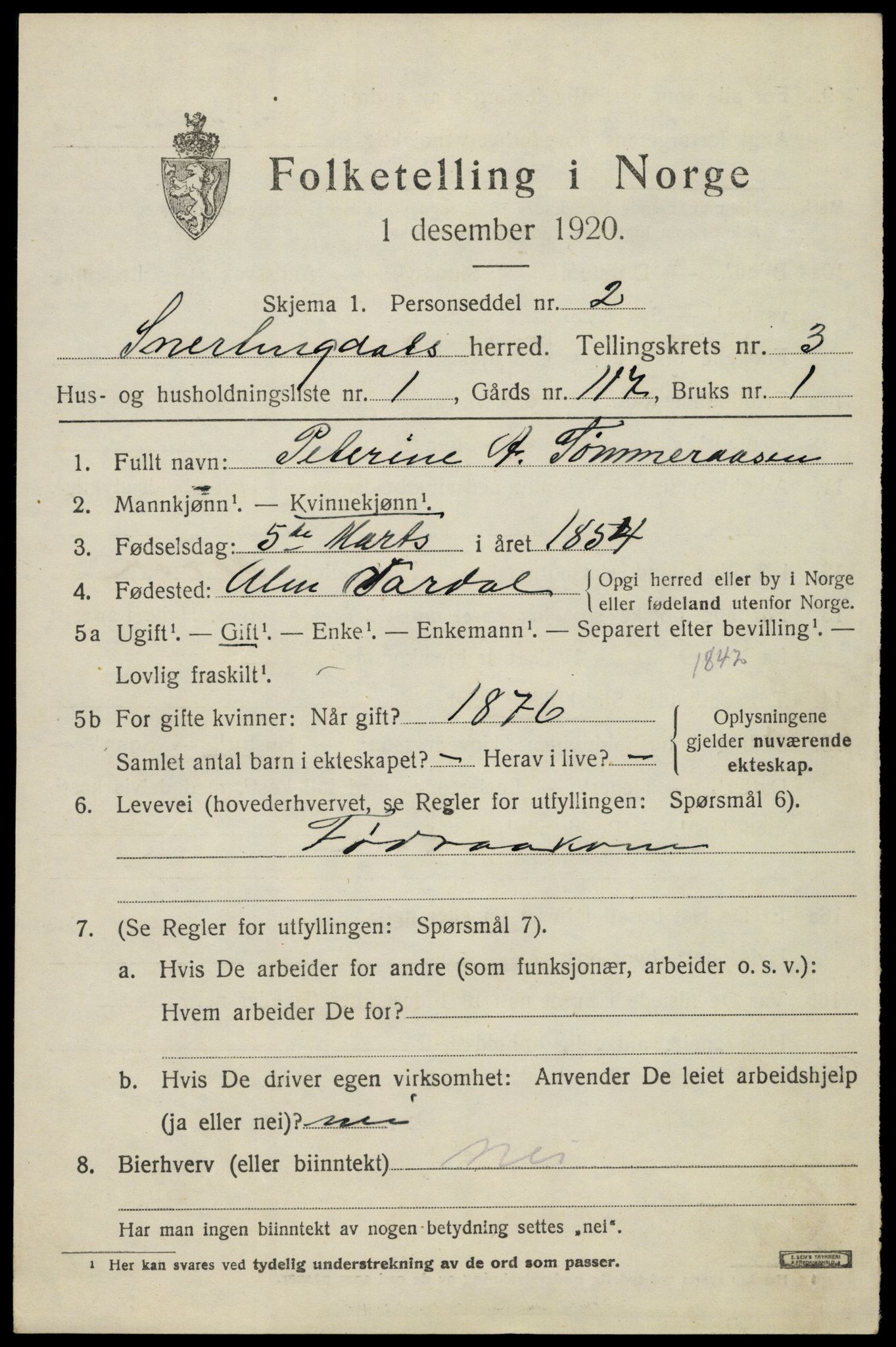 SAH, 1920 census for Snertingdal, 1920, p. 2599